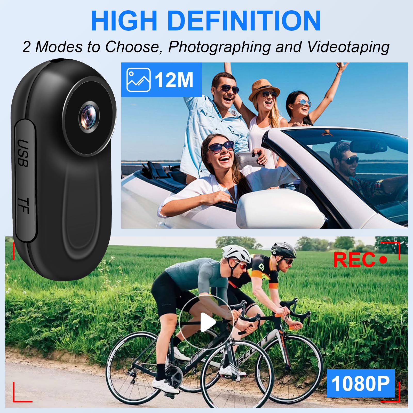 Mini Camera, Clip Rotatif 360°Camera Pieton, Vidéo et Audio HD 1080P Caméra d'action, Body Cam avec Accessoires Multifonctions Motos, Vélos et Casques Caméra Corporelle Portable