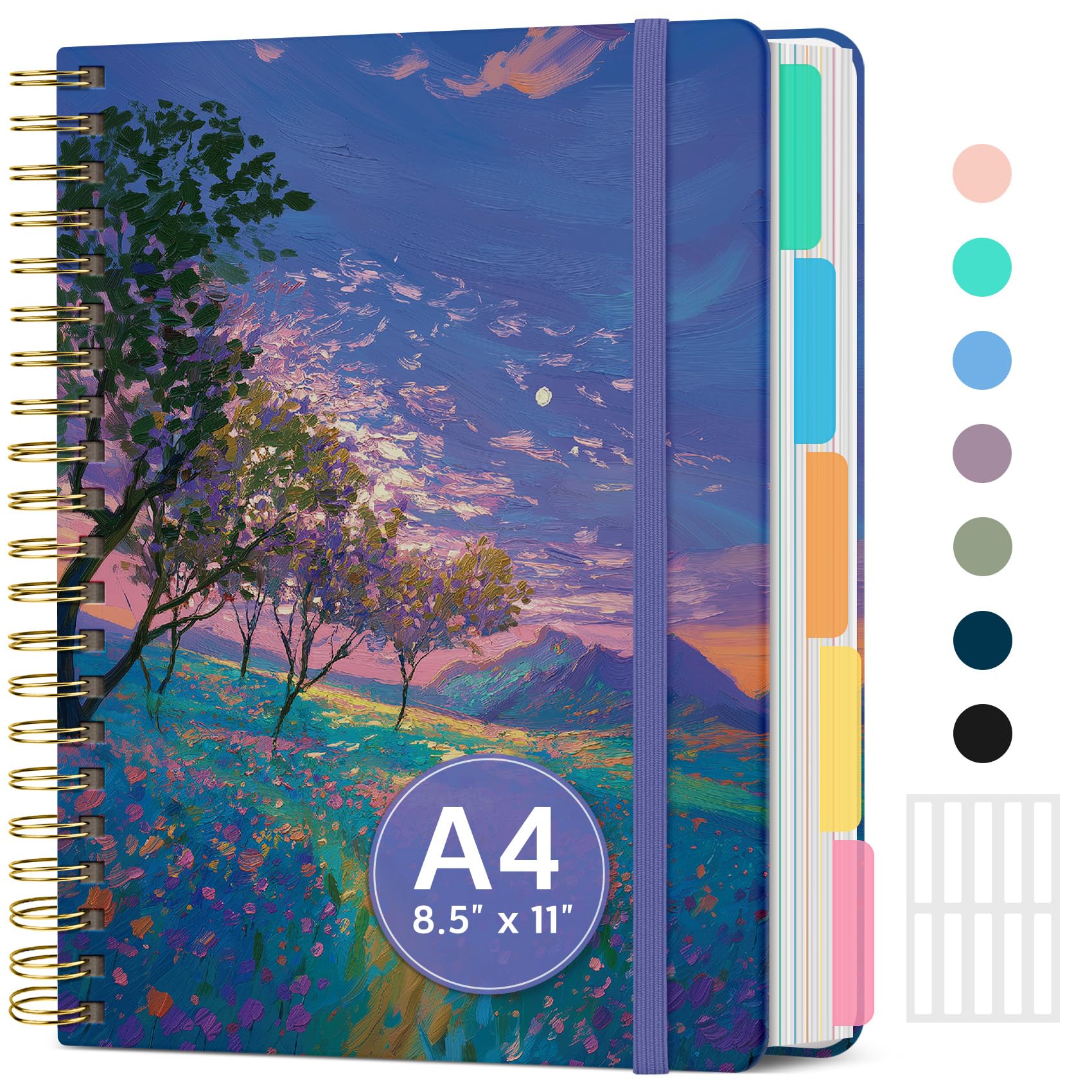 Grande taccuino a spirale con divisori e linguette, 21,6 x 27,9 cm, copertina rigida, 5 argomenti, per lavoro, 280 pagine, a righe, diario carino per donne, perfetto per studio e ufficio, prato