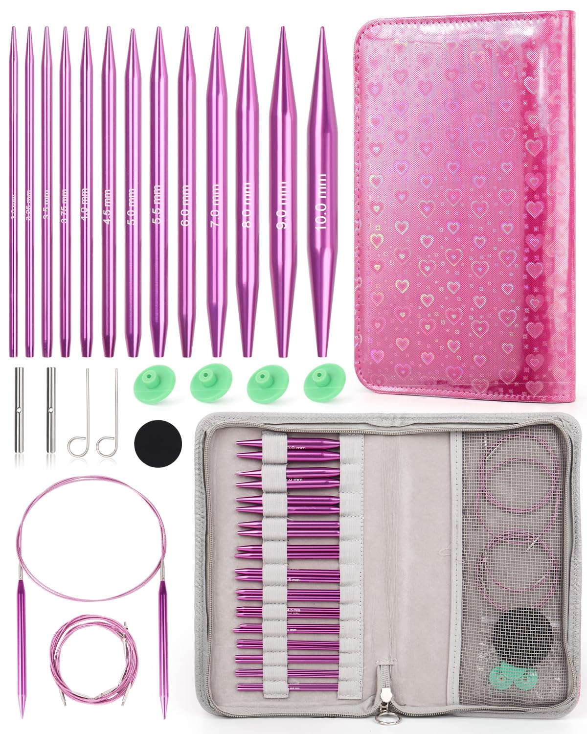 Aeelike Interchangeable Knitting Needles Set, 13 Sizes Circular Knitting Needles (3.0-10.0 mm) with 4 Cables & Leather Case, Smooth Knitting Needle for Blankets Cushions, Ideal Gift Aluminum