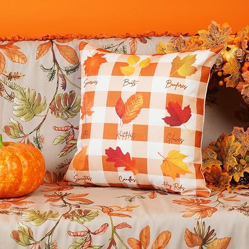 Miniatura 4 de ONWAY Juego de 4 fundas de almohada de otoño de 18 x 18 pulgadas con diseño de calabaza y hojas de arce a cuadros para decoración de Acción de