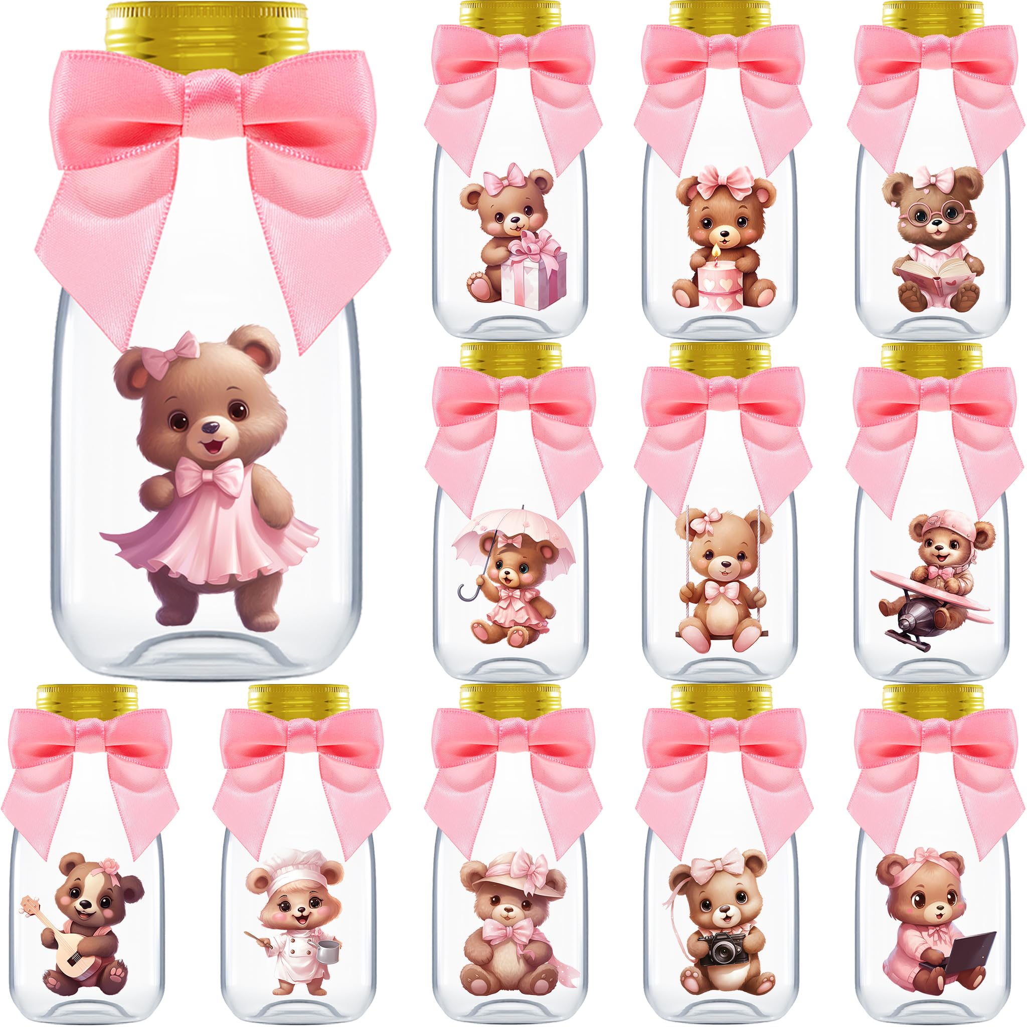 Ethisa Small 12 Pack We Can Bearly Wait Party Favors for Girl - Candy Jars with Ribbon and Stickers - DIY Party Decoration Bottles for Baby Shower and