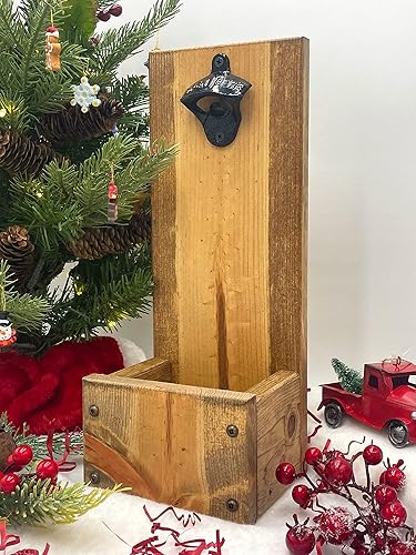 Miniatura 2 de Bottle Opener with Dropbox Cap Catcher - Wall Mount or Freestanding - Laser Engraved - Personalized Christmas Gift idea for men Rustic Wood