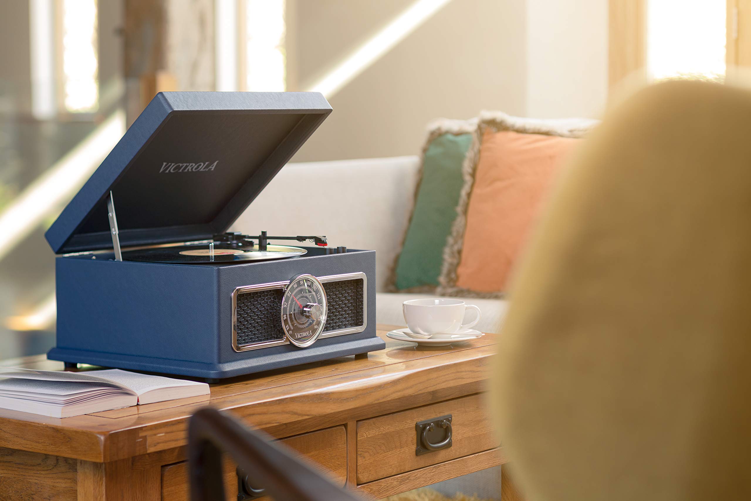 Victrola Plaza Chaine Stéréo 4-in-1 Platine Vinyle Bluetooth en Cuir - Blue