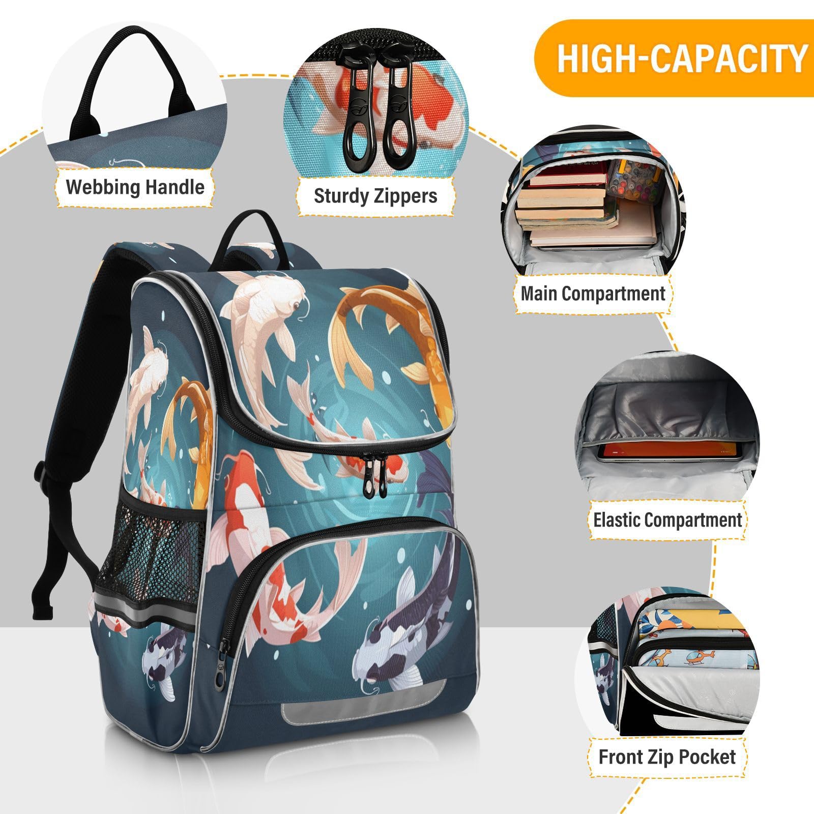 Pesce Koi Colorato Nuoto Acqua Circolare Zaino Scolastico Borsa Ad Alta Capacità per Ragazze e Ragazzi