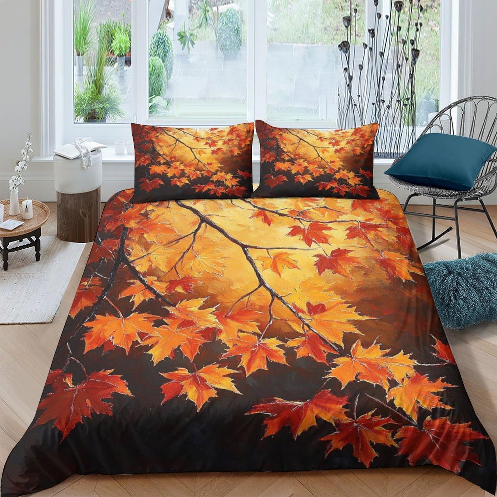 GPLZQXKJNH 3D Printed Autumn Maple Leaves Duvet Cover Microfiber Soft Breathable Forest Sunset Bedding Set with 2 Pillowcases for Bedroom Home Décor Single（135x200cm）