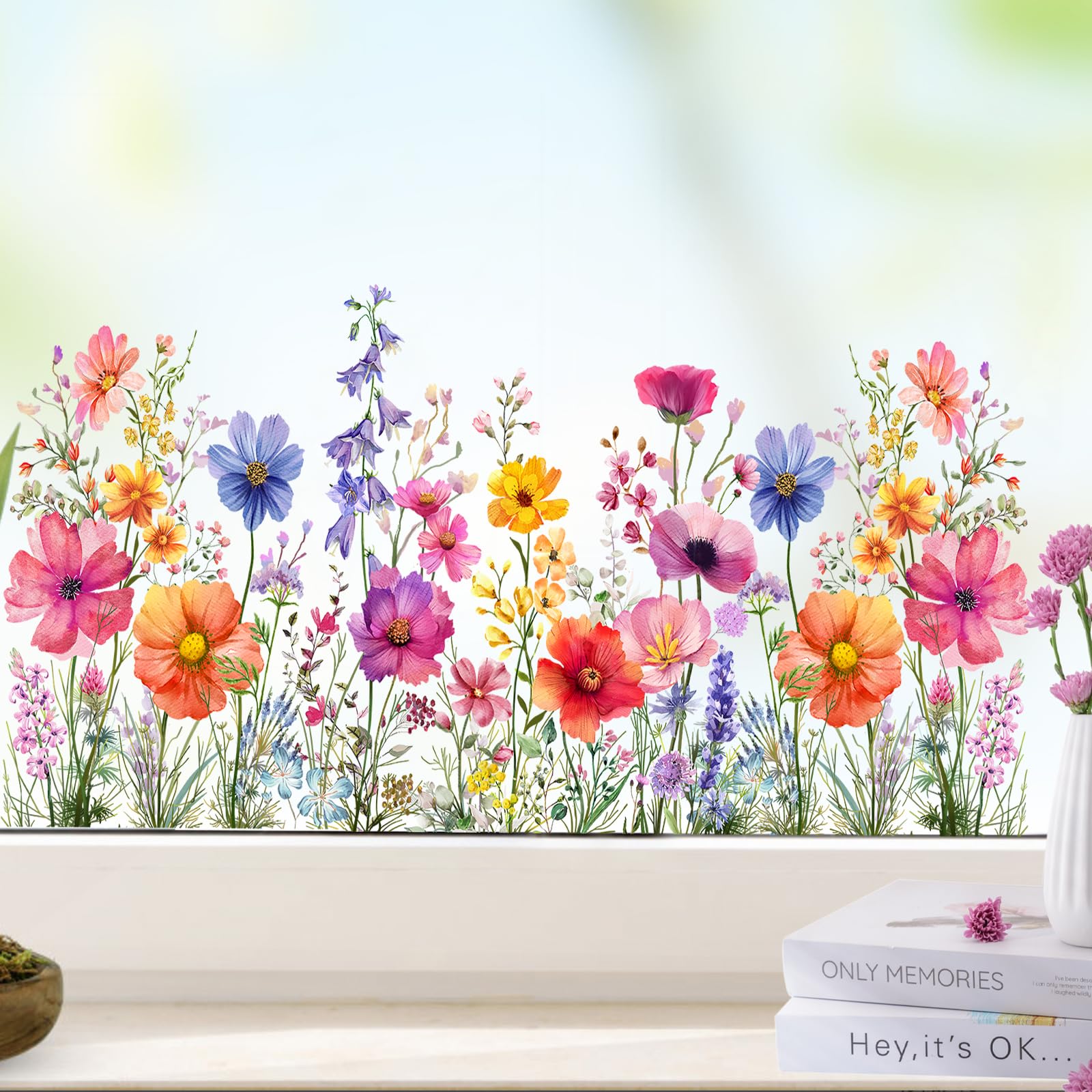 WandSticker4U®- Stickers fenêtre FLEURS de PRAIRIE blanc printemps (88x25 cm) I Stickers vitres décoratifs fleurs plantes I Autocollant fenêtre enfant salon cuisine décoration été statique GRAND