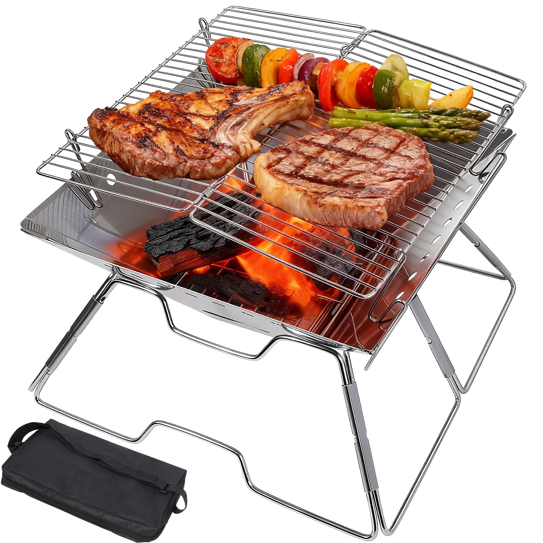 REDCAMP Folding Fire Pit, Stainless Steel Portable Fire Pit with Grill Grate & Carry Bag, Collapsible Campfire Grill Set for Camping Hiking Garden Beach BBQ Bonfire Cooking