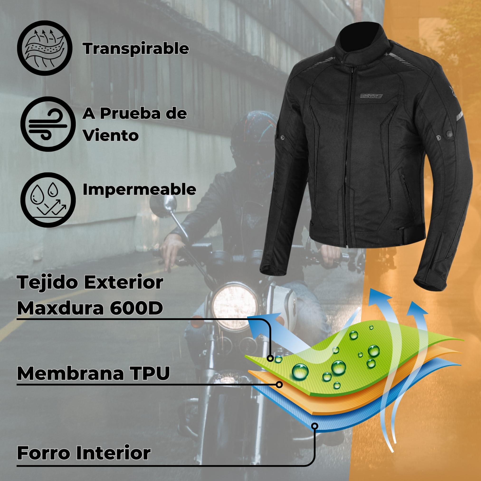 Chaqueta Moto Hombre | Cazadora Moto 4 Estaciones Impermeable, Transpirable. Incluye Espaldera, Coderas y Protecciones de Hombros