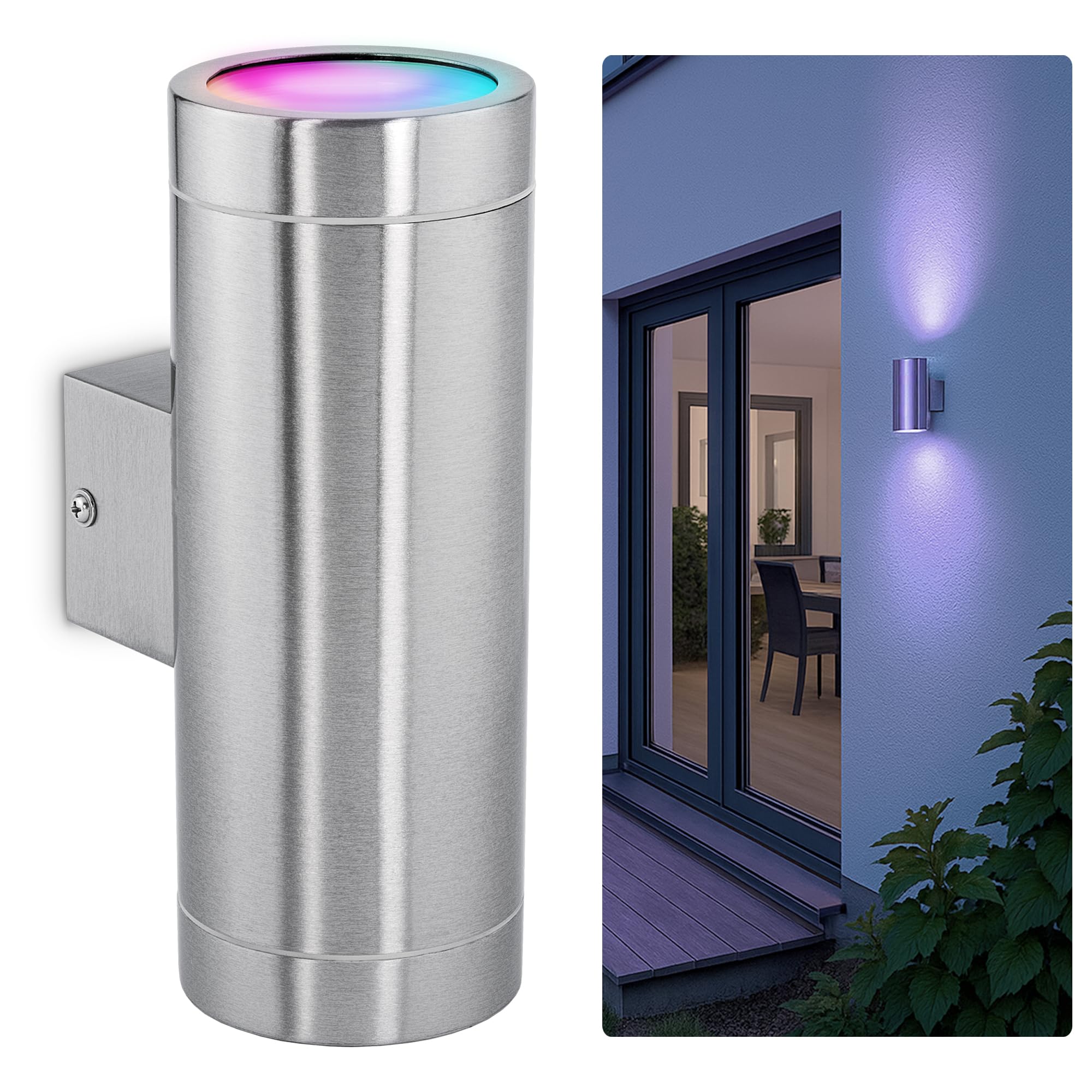 SSC-LUXon TIRA Wandlampe Edelstahl für Außen IP54 inkl. 2x Smart WiFi RGB GU10 LEDs (steuerung per App & Sprache) - Außen Wandleuchte Up Down