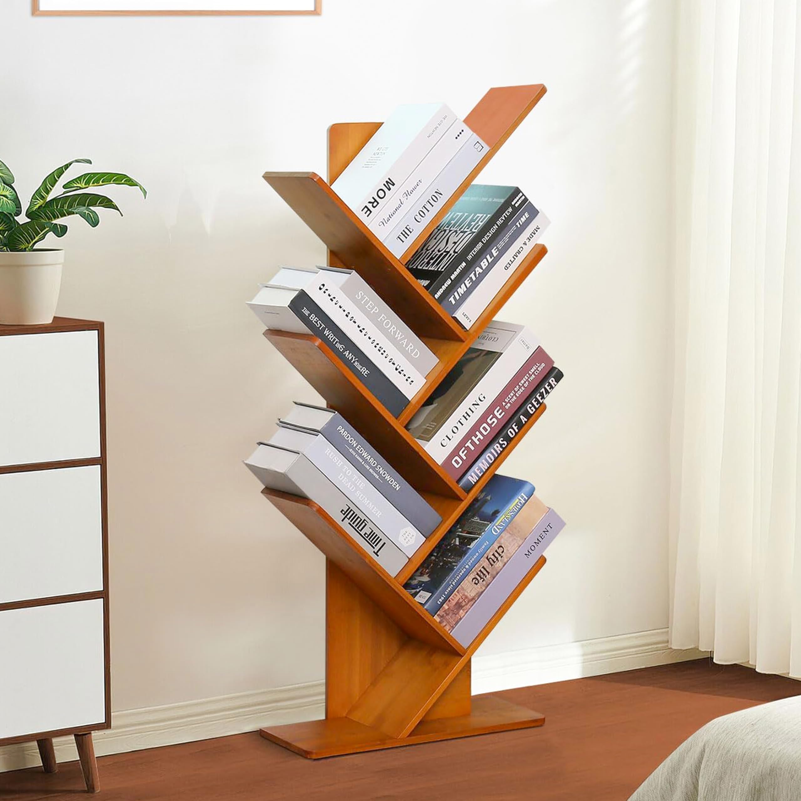 Decazone Tree Bookshelf, Small Space-Saving Corner Bookcase, Rack for Study Room DIY Wooden Book Stand with Storage Space for Holds Books, CDs, Games, Office, Livingroom, Bedroom (Dark Brown, 7 Tier)-image-25
