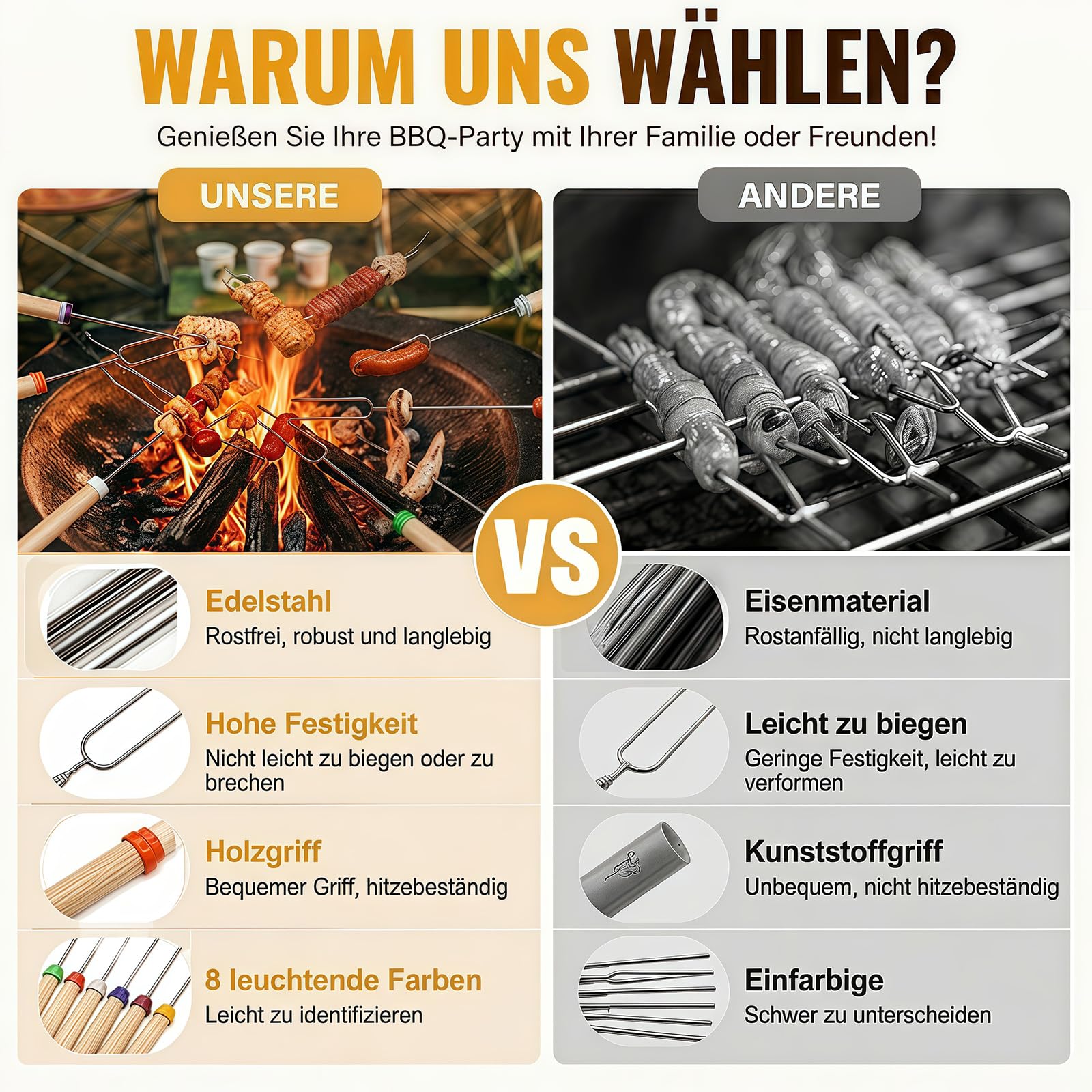 8 Stück Grillspieße Edelstahl, 31-81cmTeleskop Marshmallow Bratstäbe, Roasting Sticks, Lagerfeuer Spieße Lang mit isolierten Griffen für Camping,Gartenparty, Grillparty
