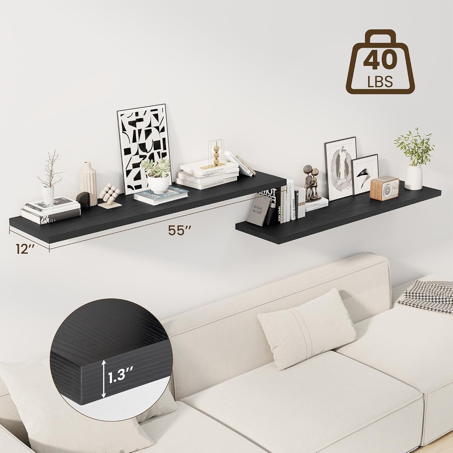 Dreamland 55" Floating Shelves for Wall, 12" Deep Slim Black Floating Shelves, Wall-Mounted Shelves for Bedroom, Living Room, Kitchen, Bathroom - Set of 2