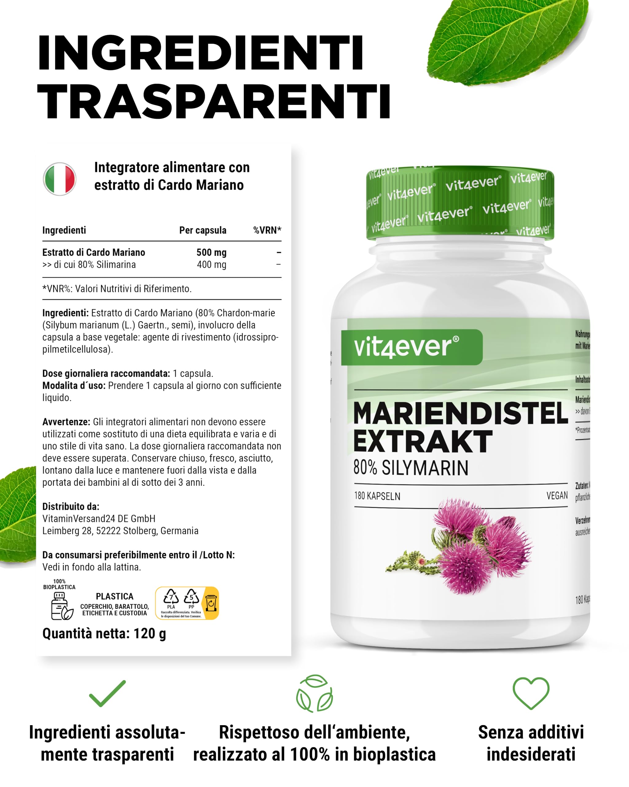 Estratto di cardo mariano 180 capsule da 500 mg ciascuna - 80% contenuto di silimarina - Fornitura per 6 mesi - Altamente dosato - Vegan