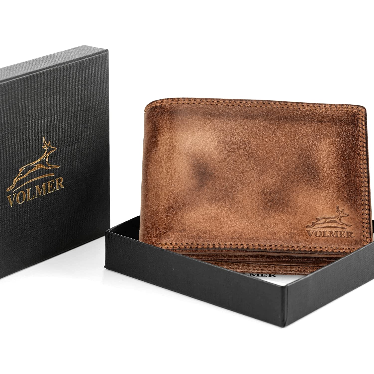 Fa.Volmer ® Portefeuille en Cuir pour Homme avec Protection RFID I Double Couture Extra Stable I 9 Compartiments pour Cartes de crédit I Format Paysage I VO11 RFID Marron