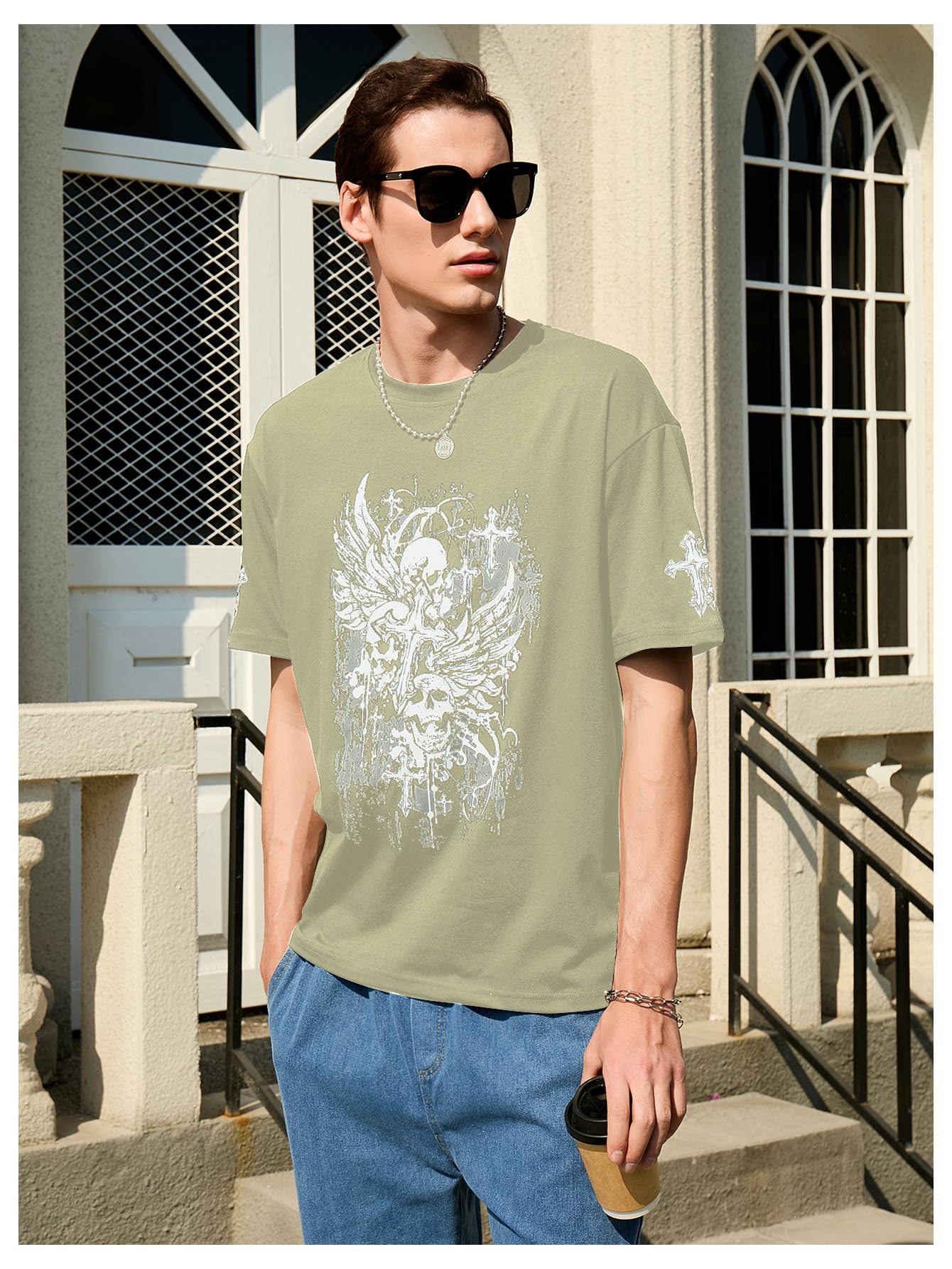 SHENHE Men's Gothic Graphic Tops Y2K Cross Print Short Sleeve Crewneck Christian Tshirt: Medium Green