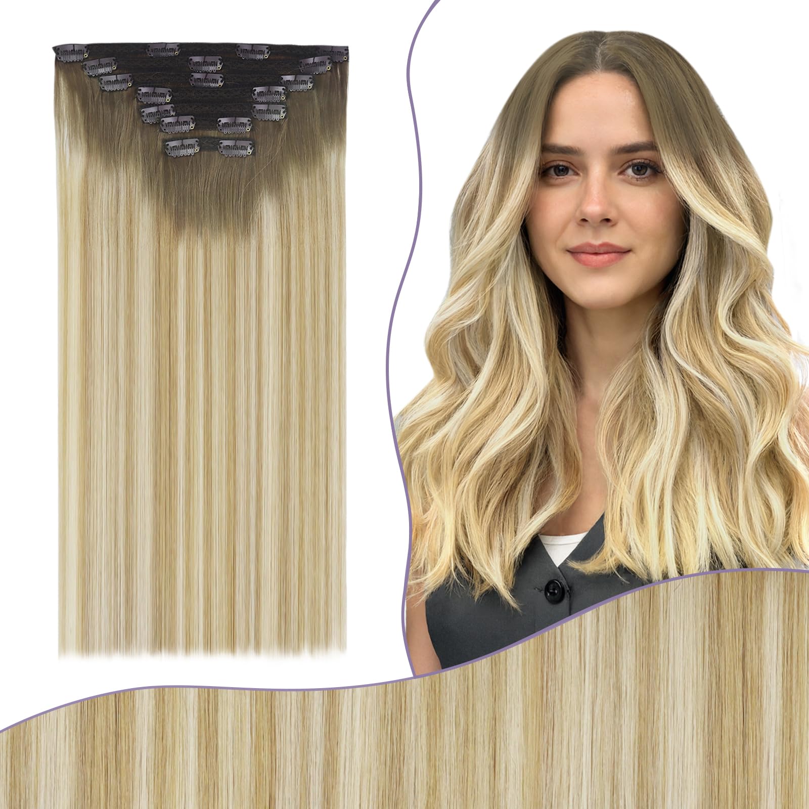 Fshine Clip in Estensioni Dei Capelli Umani Reale Castagno Marrone Ombre Miele Biondo Mix Platino Blonde Estensioni Dei Capelli Lisci 16 Pollice Clip in Capelli Spessi 135G 6/27/60