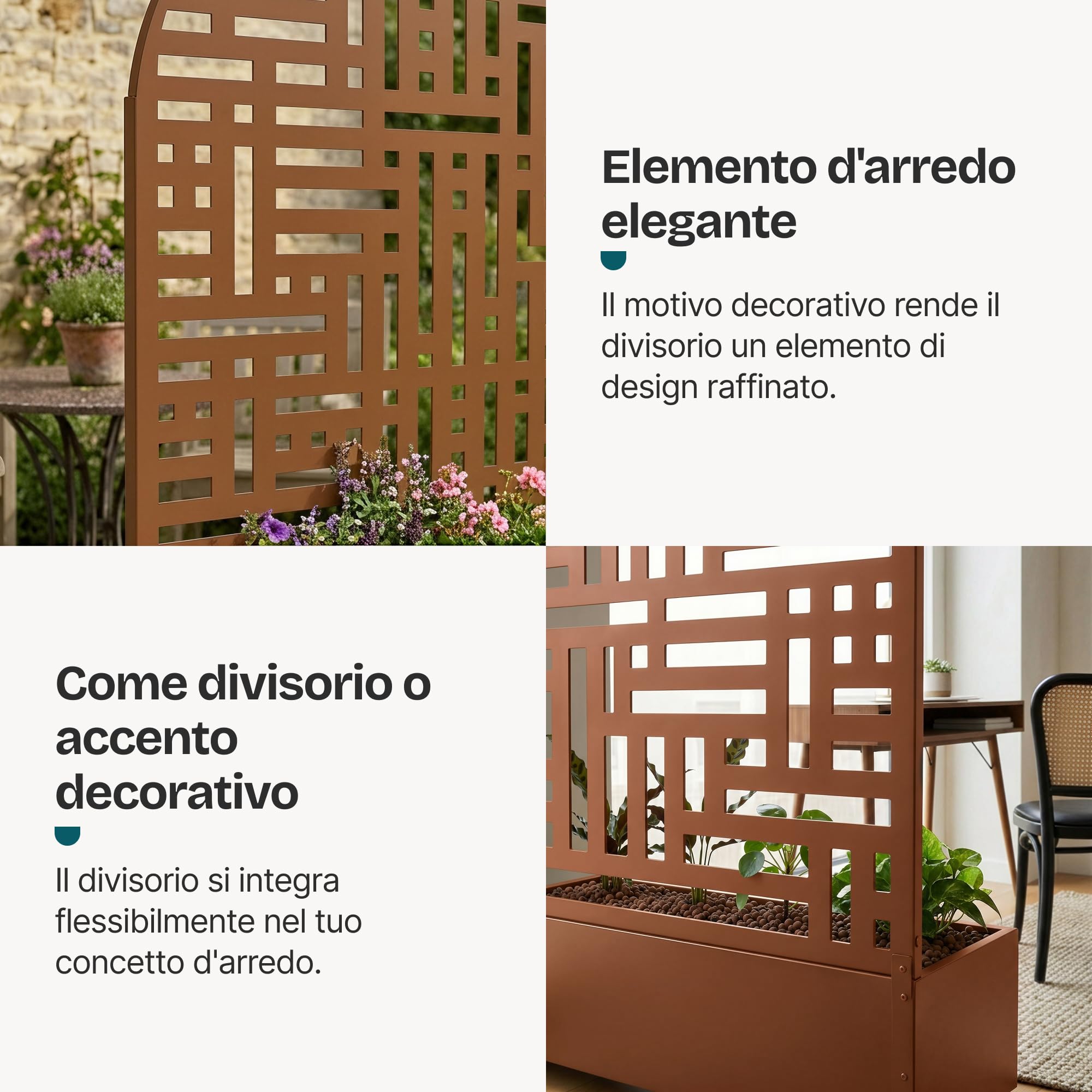 casa.pro Fioriera con Spalliera Arcuata in Acciaio 190x120x38 cm Marrone | Zincato Pannello Divisorio Decorativo Portapiante a Rotelle Separè Privacy Ruote da Interno Esterno Giardino Terrazza