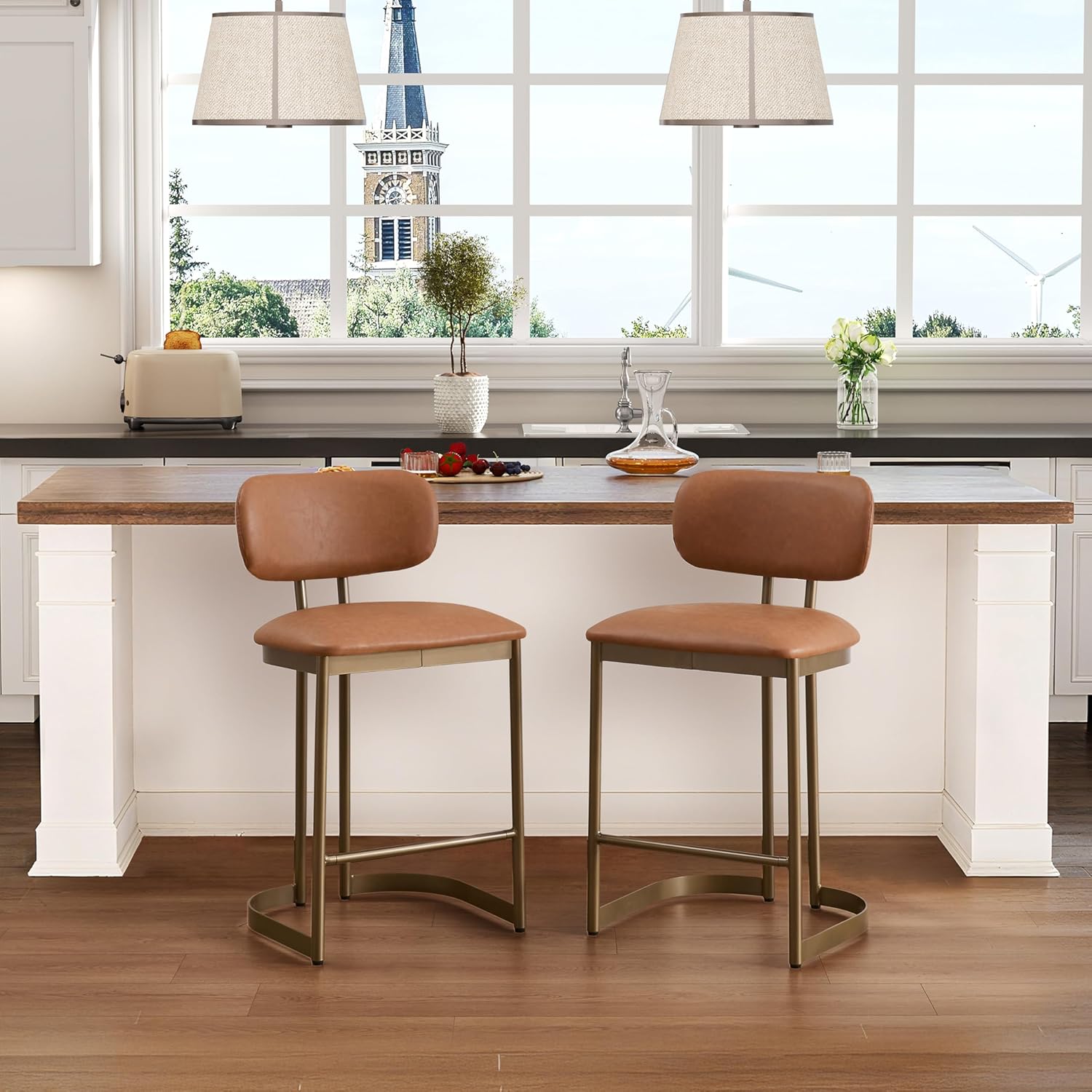 Metal Bar Stools Counter Height, Modern Faux Leather Bar Stools with Curved Backrest, 26 Inch Upholstered Counter Stools with Brass Metal Legs for Kitchen Island (Brown/Set of 2)