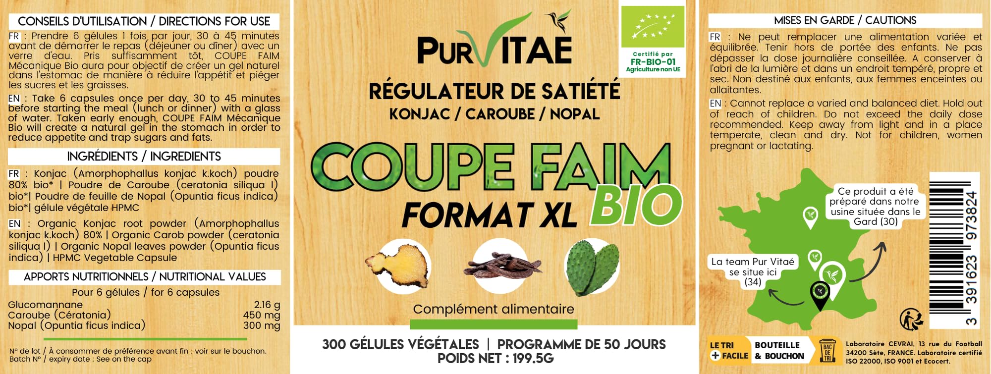 Coupe Faim Mécanique Bio Konjac, Caroube et Nopal | 270 gélules, programme de 45 jours | Réduit l'appétit | Diminue la sensation de faim | Piège les grasses et le sucre | Pur Vitaé