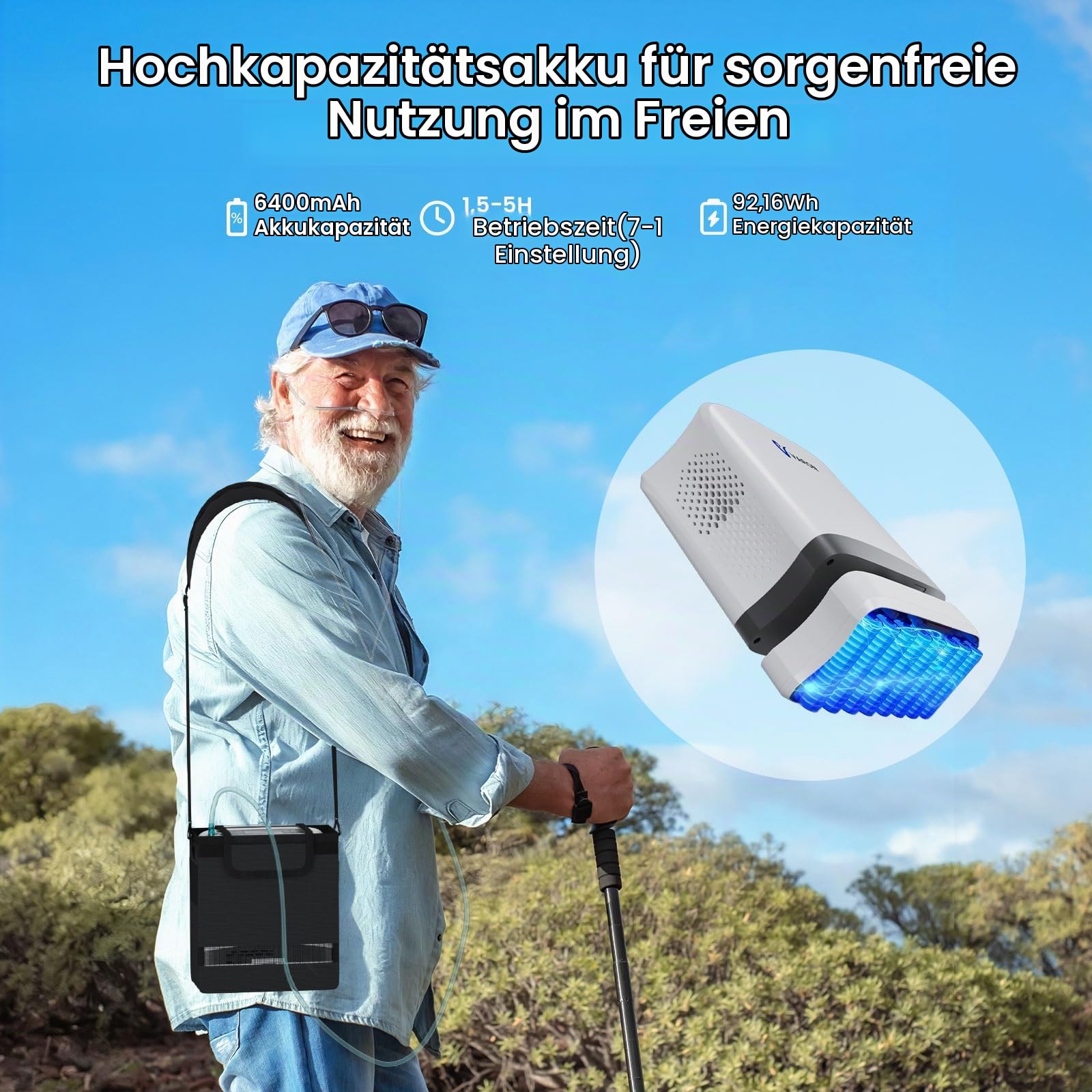 Tragbarer Sauerstoffkonzentrator mit 90% Konzentration, 2 kg leichtes Gewicht, 7 Flussstufen und 2 Modi (Atem-/Pulssensor), Batterielaufzeit von 1,5-5 Stunden, 3 Stromquellen