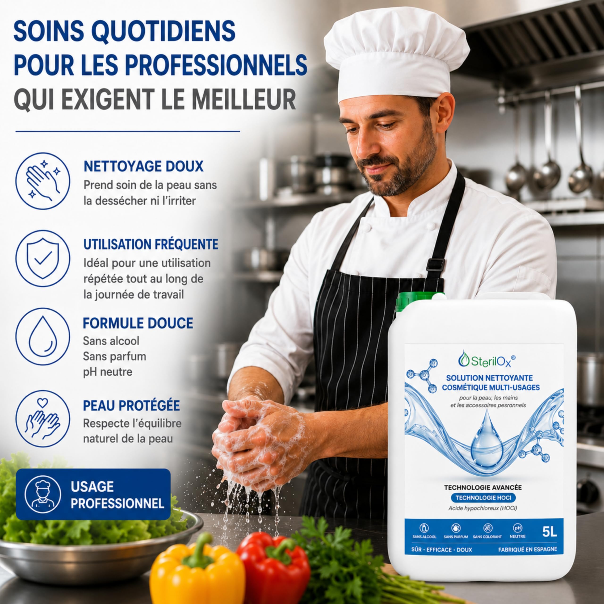 5 L – Solution hygiénique universelle à base d’acide hypochloreux (HOCl), sans alcool ni parfum, pour usage domestique et professionnel