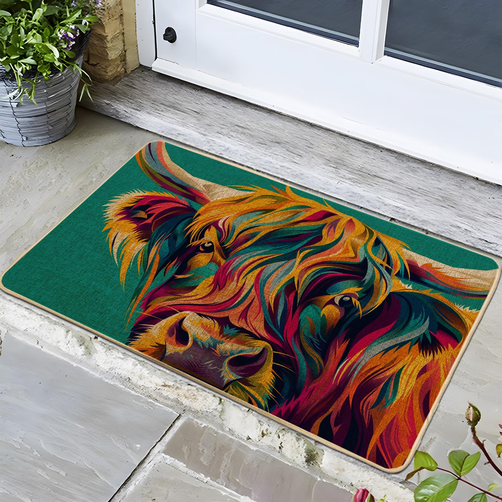 Highland Cow Doormat, Colorful Door Mat for Outdoor & Indoor Entrance Fall Decor, Non-Slip Waterproof Front Doormat, Easy Clean 29x17 Inch