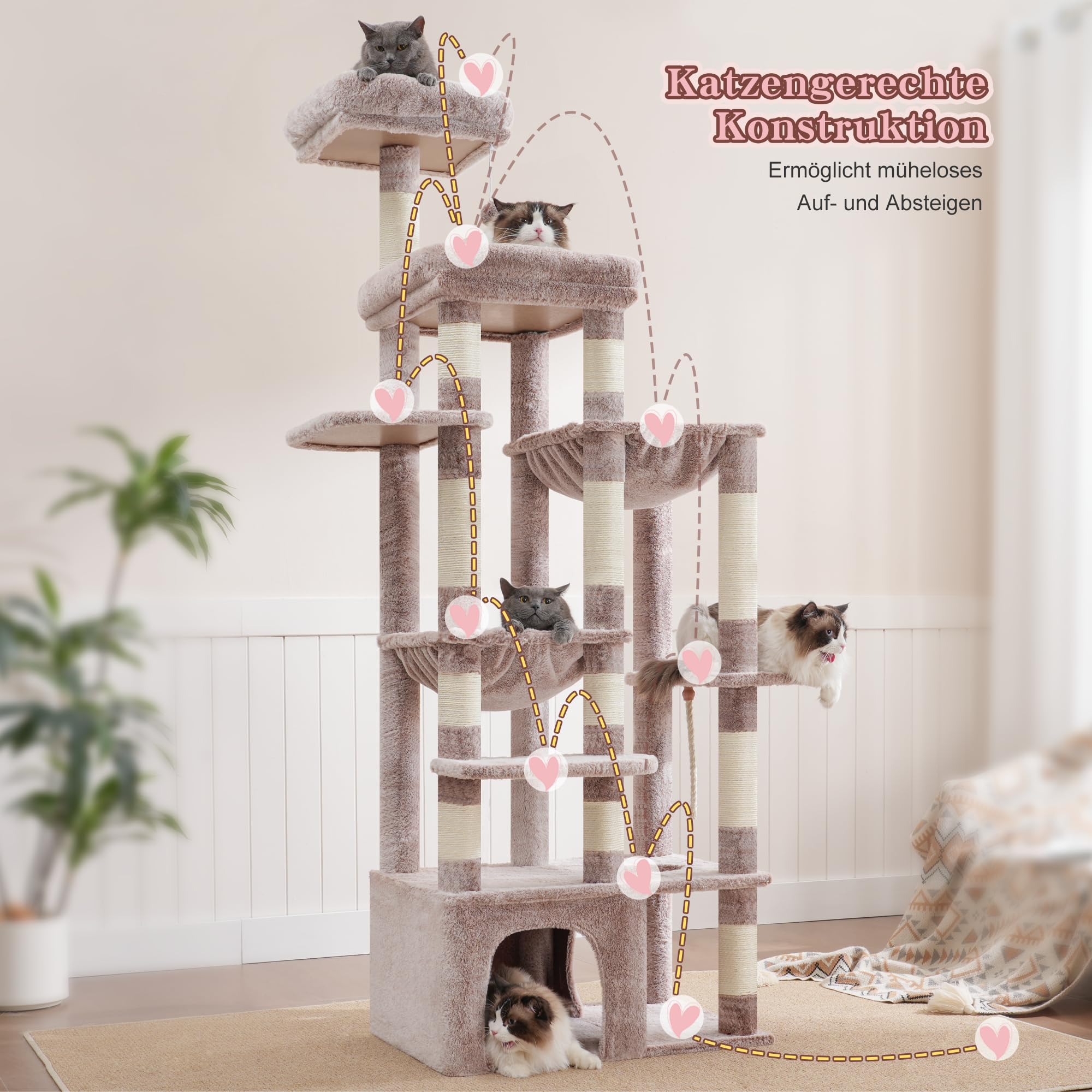 Heybly Kratzbaum, 180 cm Kratzbaum Groß mit extrem Stabiler Basis, XL-Plattform, großes Katzenhaus, 2 Hängematten, mehrstöckige Katzenmöbel für Maine Coon und andere Großkatzen, Braun-beige HCT037MU