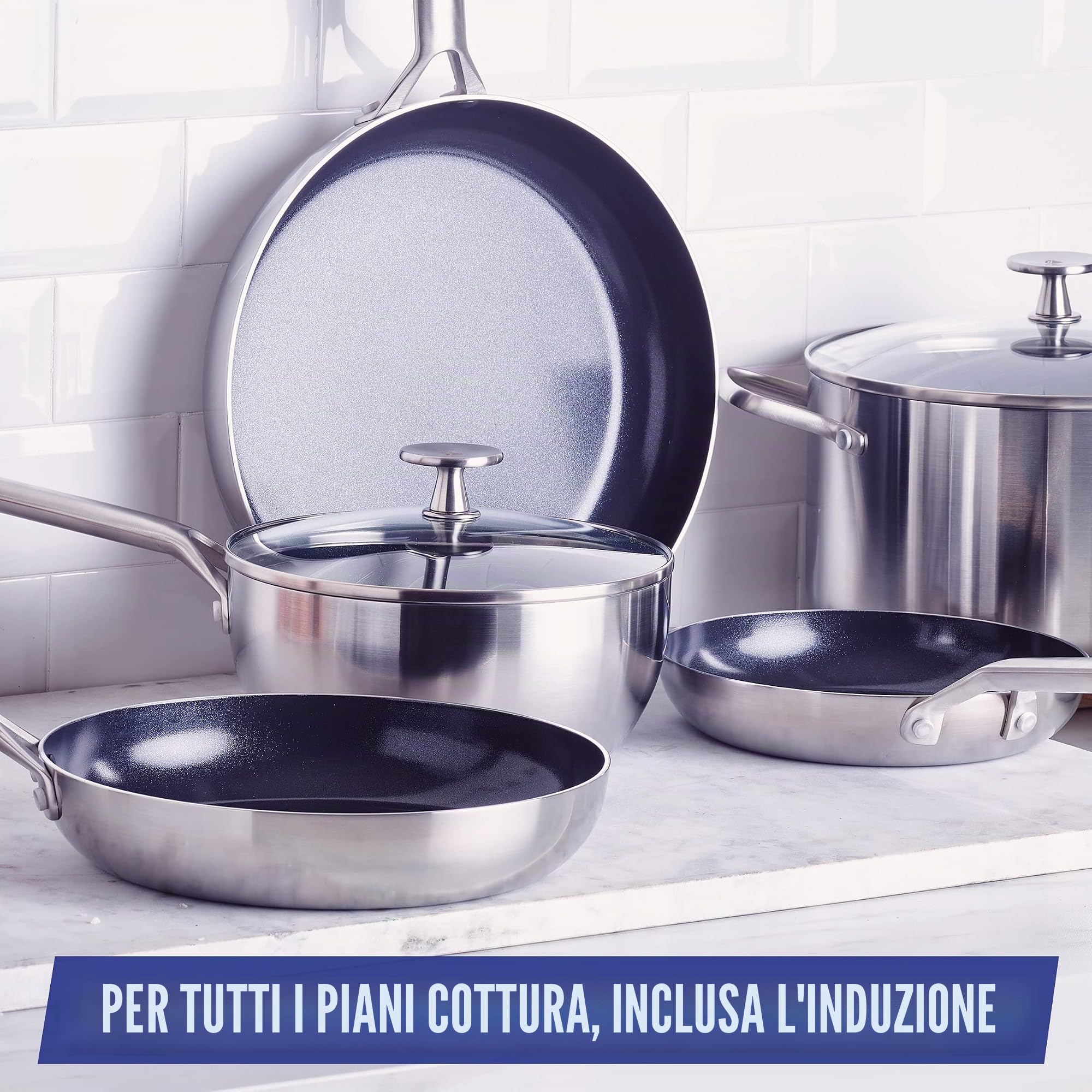 Blue Diamond Cookware Triple Steel Set Di Pentole Antiaderente in Acciaio Inox in Ceramica Rinforzata con Diamanti,11 Pezzi,Include Padella,Senza PFAS,Multistrato,Induzione,Forno,Lavastoviglie,Argento