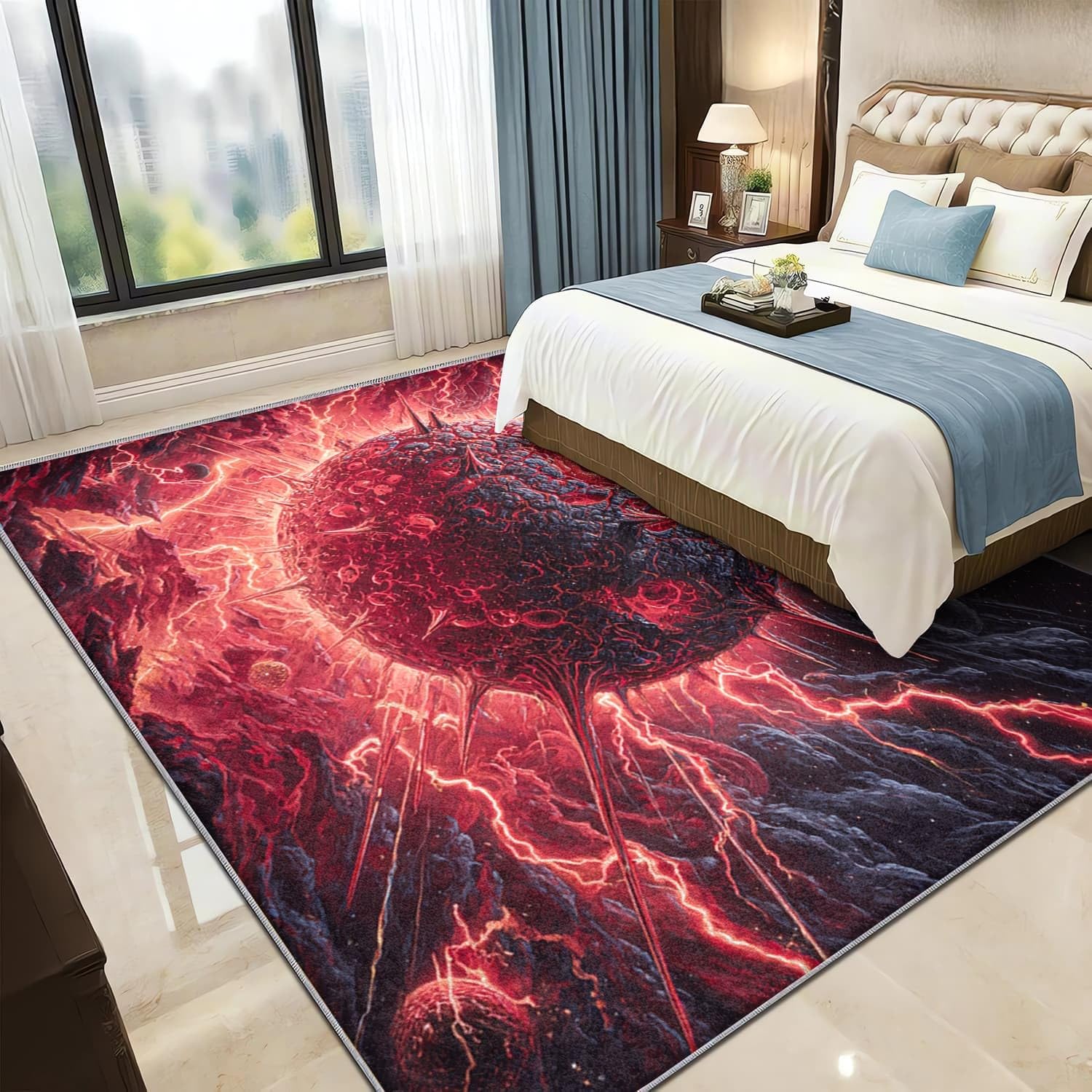 Weich und Angenehm Teppich für Wohnzimmer Horror Sci Fi Muster rutschfest Maschinenwaschbar Pflegeleicht Rot Für Schlafzimmer Kurzflor Teppich Kinderzimmer 140x200 cm