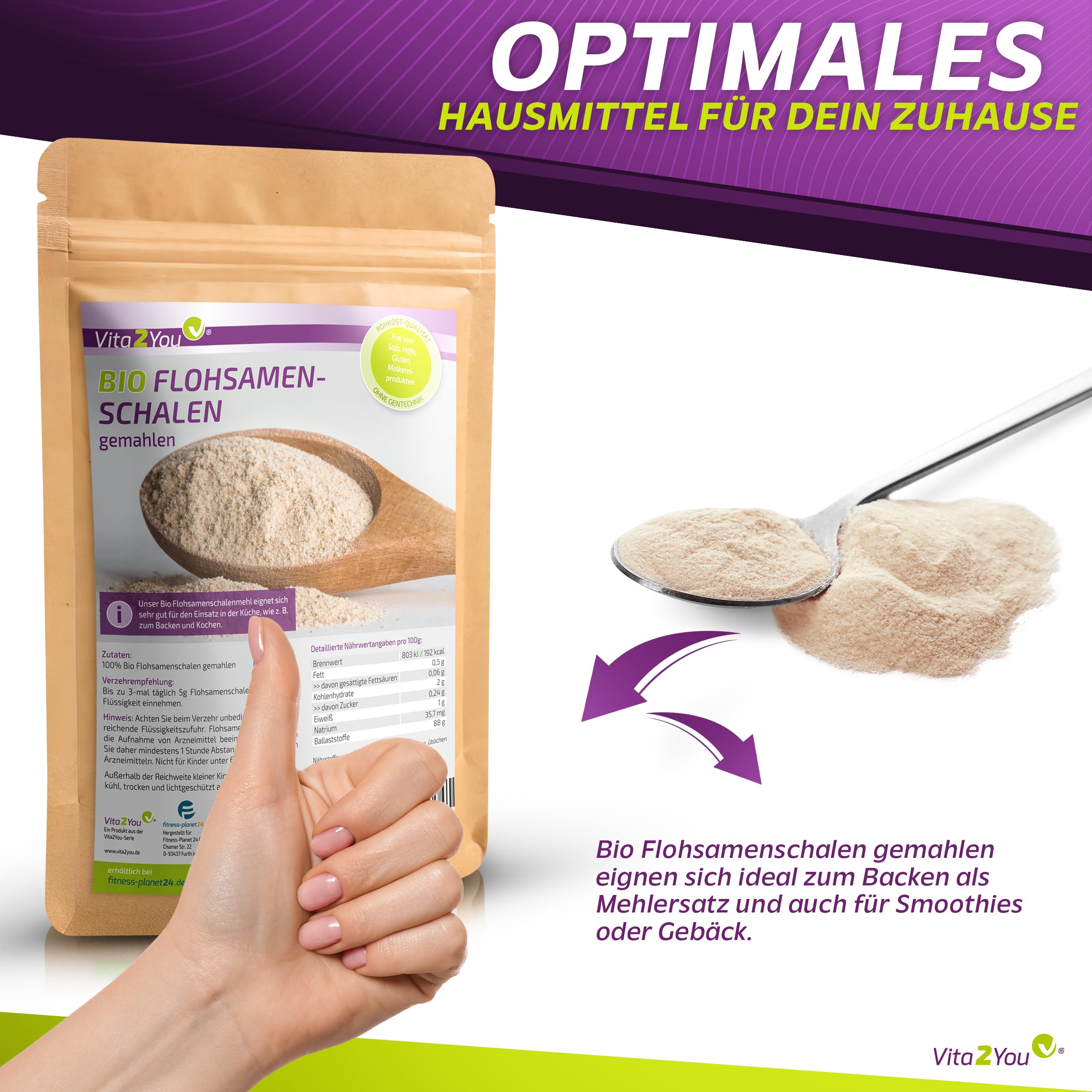 Vita2You Cosses de psyllium bio moulues à 99 % de pureté – 1 kg – farine de psyllium indien – Idéal pour la pâtisserie – 1000 g – Qualité supérieure