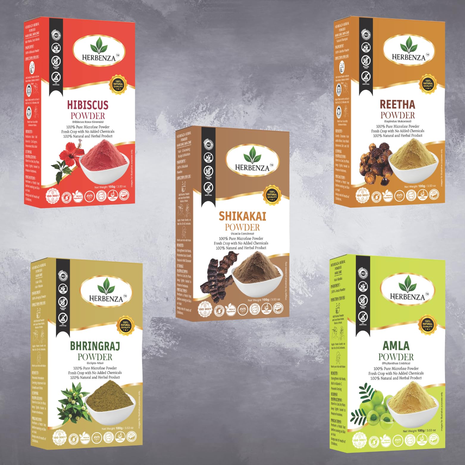 Herbenza Natural Hair Care Powder Set, Hibiscus, Reetha, Shikakai, Bhringraj, Amla, 100g Each, Pure Microfine Powder with Hair Brush, Cap, Gloves-picture-35