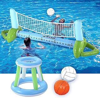 JOYIN Inflatable Pool Volleyball Set, Volleyball Net & Basketball Hoops Pool Float Set, Floating Summer Floaties, Volleyball Court Pool Party Lounge Raft, Inflatable Party Fun Swimming Game Toy