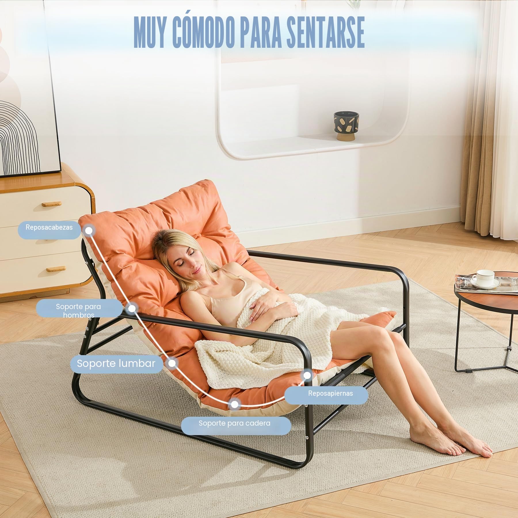 Sillón de salón de jardín con cojín reversible, para jardín, balcón, muebles de acero, acolchado, para 2 personas, para exteriores, para balcón, terraza (naranja+beige)