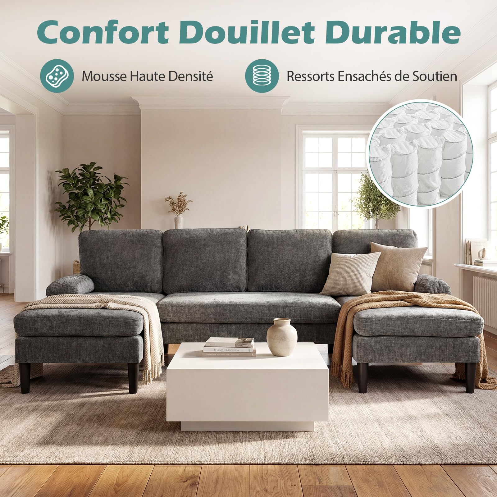 COSTWAY Canapé d'angle 4 Places en U avec 2 Chaise Longue, Grand Canapé 4 Places Rembourrés, Modulable, Tissu en Velours Côtelé/Chenille Doux, 4 Coussins, Moderne, 258 x 125 x 71,5 cm (Gris)