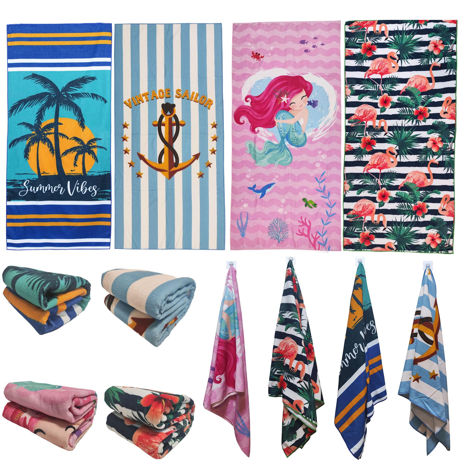 stampringt Extra Large Cute Stripe Flamingo Mermaid Beach Towels Set of 4 Pack for Adult Big Oversized Thick Microfiber Terry Cloth Sandproof Quick Dry 30 x 60