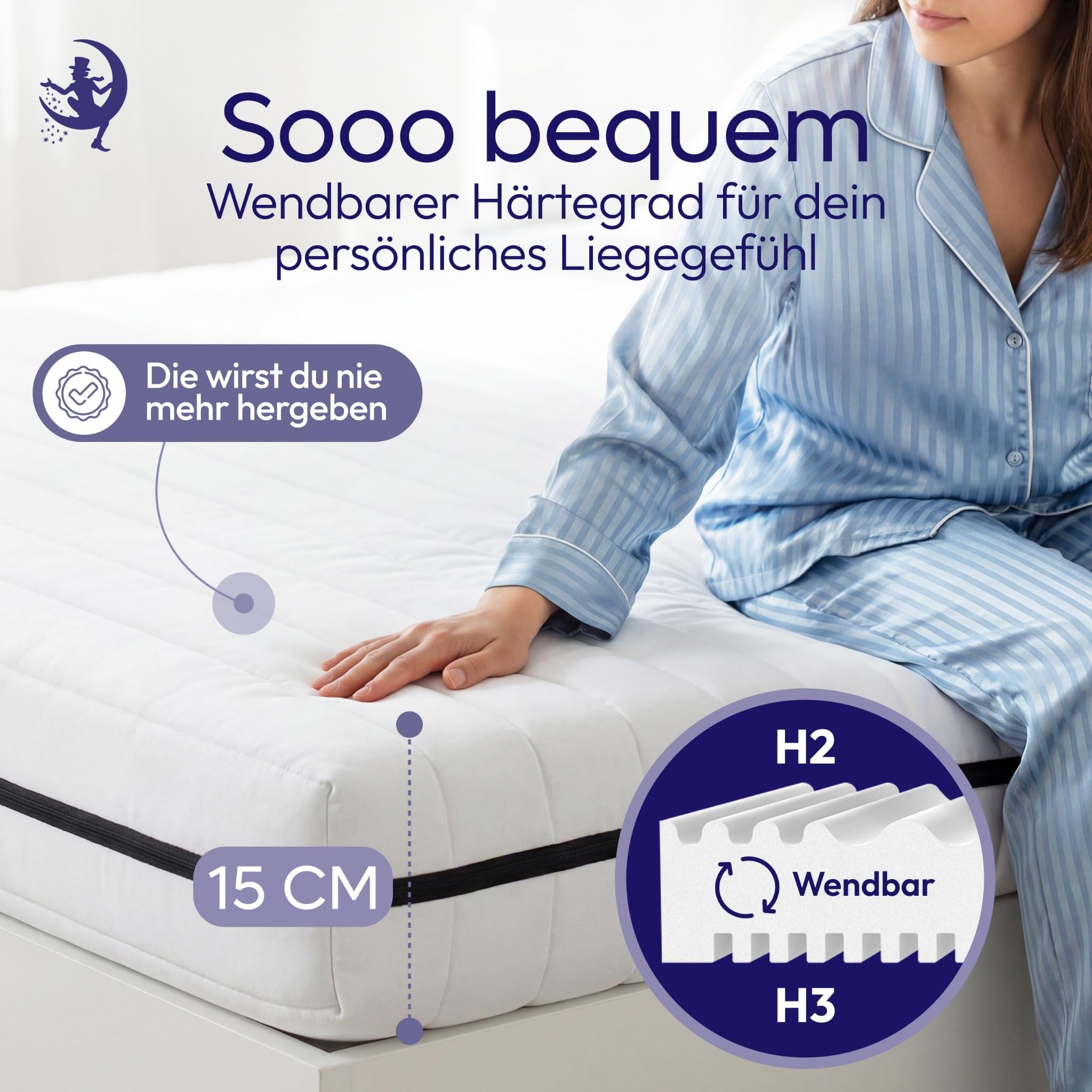 Mister Sandman Kaltschaummatratze 140x200 cm H2/H3 – Rollmatratze 15 cm hoch – waschbarer Bezug 60° – Öko-Tex – Made in Germany