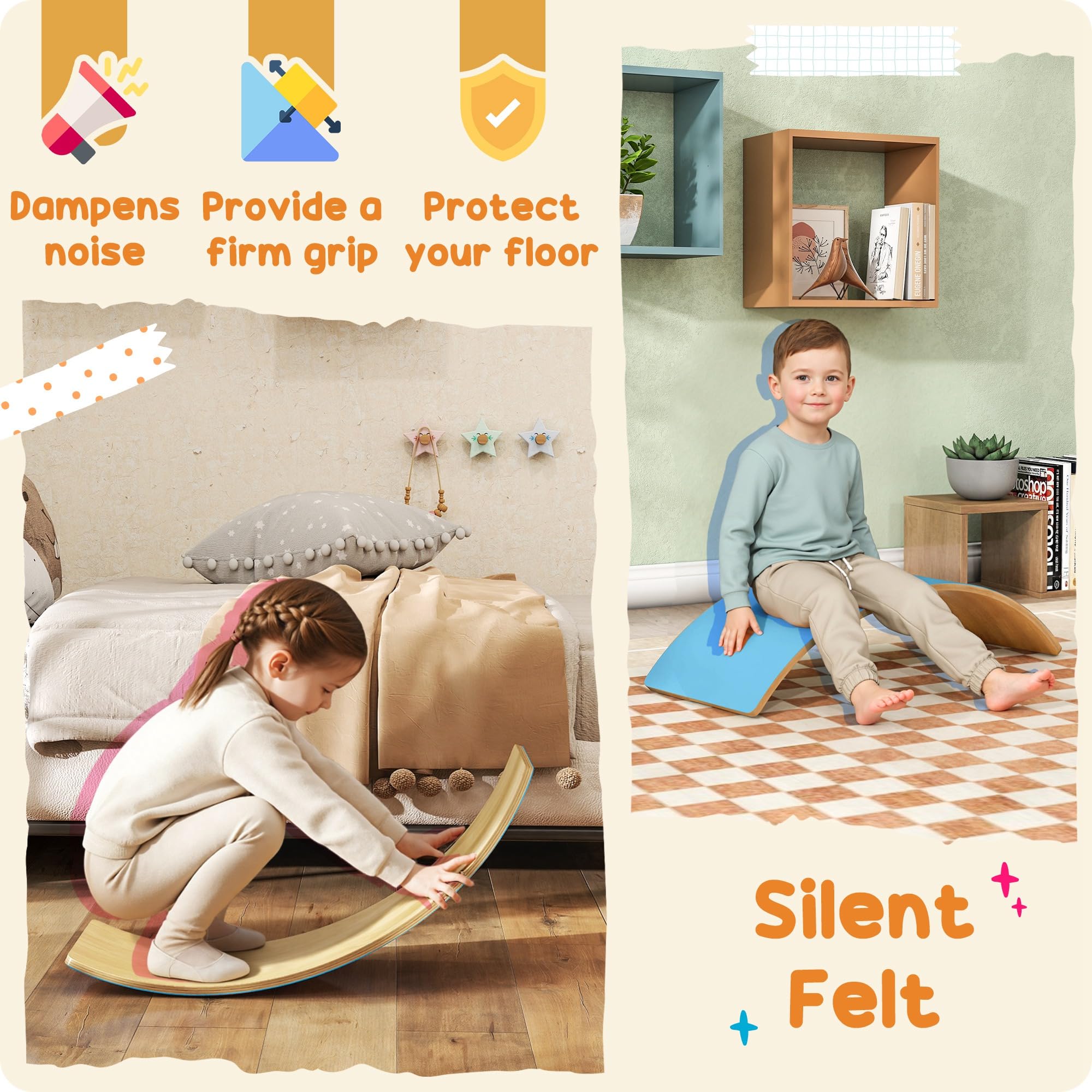 AIYAPLAY Balancierbrett aus Holz für Kinder, Wackelbrett mit leisem Filz für Kinder von 3-8 Jahren, kurvige Schaukelwippe für sensorisches Spiel, blau