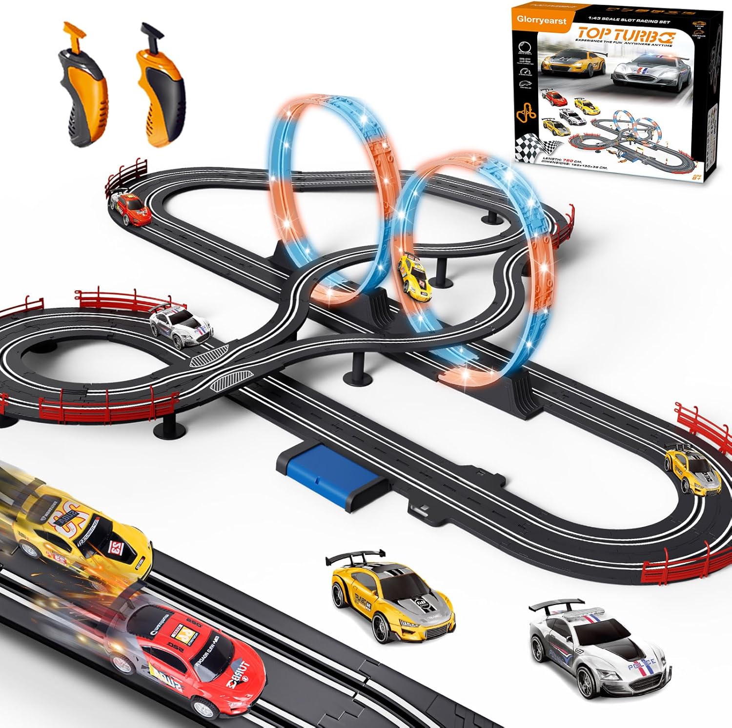 Photo 1 of Slot Car Race Track 1:43 Scale for Kids LED Tracks Electric Powered Dual Racing 4 Cars with Headlights Toy Big Track Sets Gift for Boys Children 6+ Years Old
