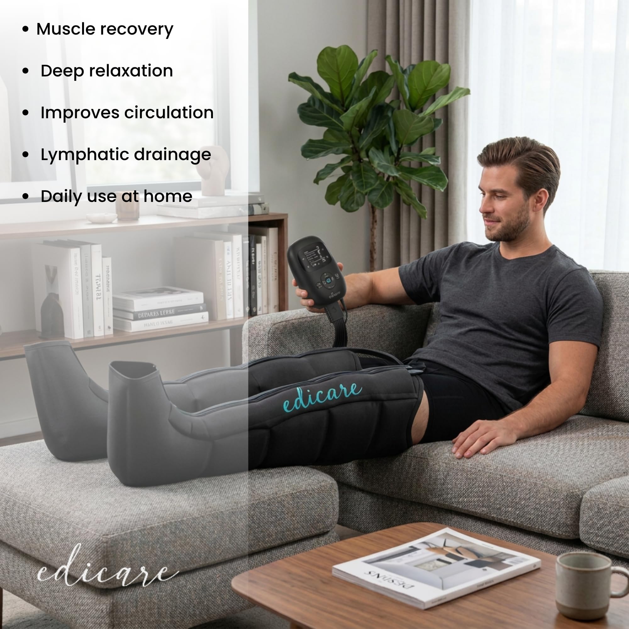 Edicare, Presoterapia para Casa Profesional con Batería – Drenaje Linfático Piernas – Botas de Presoterapia Portátiles y Silenciosas – Recuperación Muscular (Dispositivo y Perneras Talla: M)
