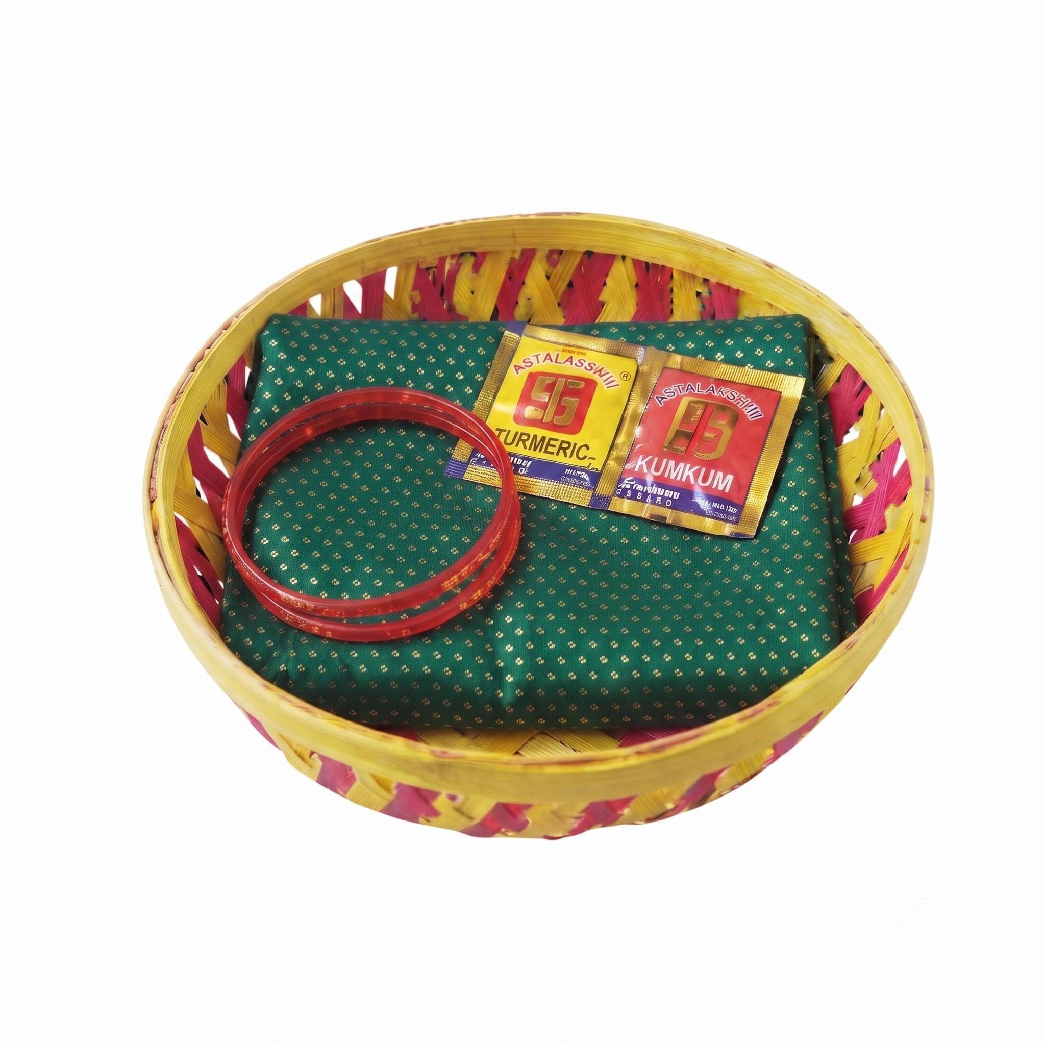 ur little shop blouse piece return gift set | multicolor | includes blouse pcs, wooden baskets, haldi pouches, kumkum pouches, bangles (red + green)
