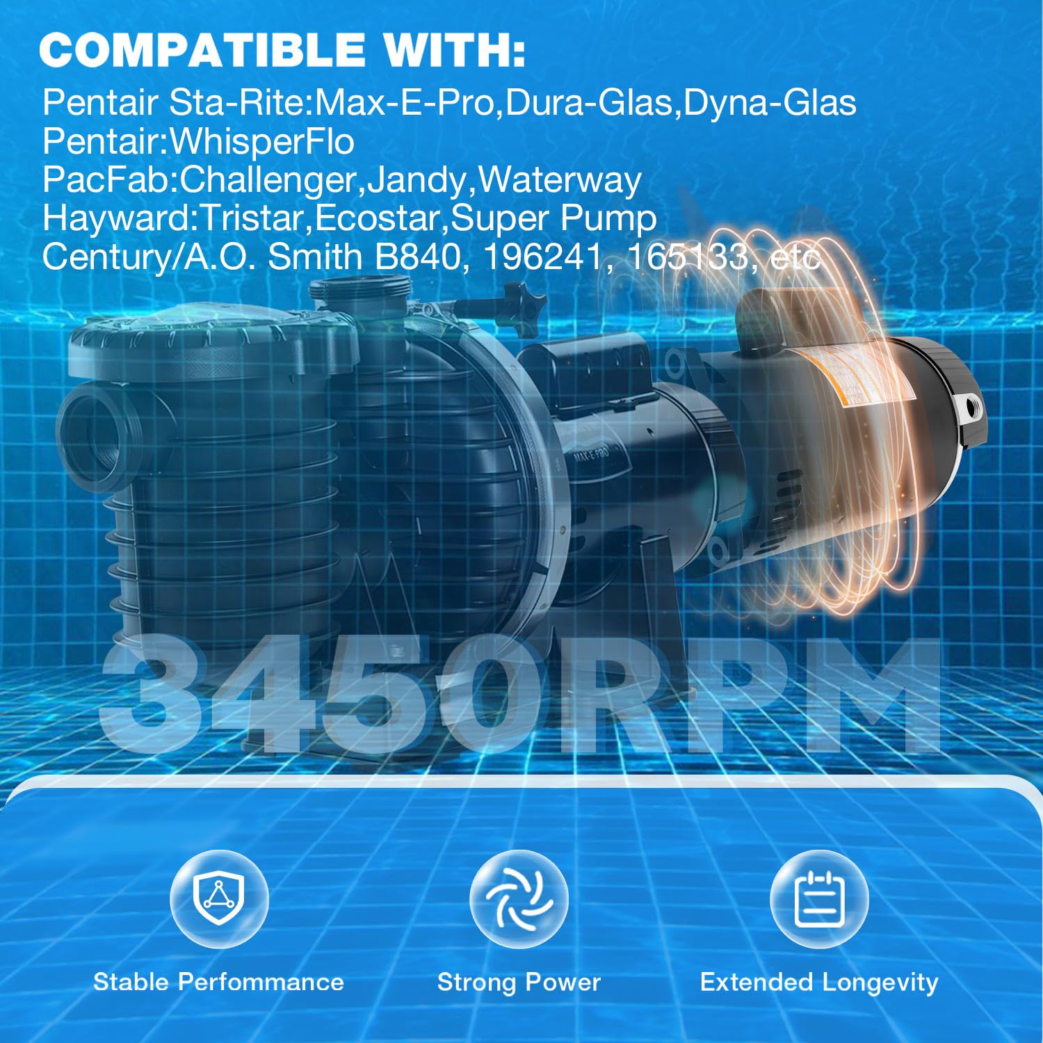 Photo 1 of B2840 2.5HP Pool Pump Motor, 56Y Frame 3450RPM 230V, Compatible with A.O. Smith, Pentair Sta-Rite, Century, Hayward, for Various Above Ground and Underground Swimming Pools