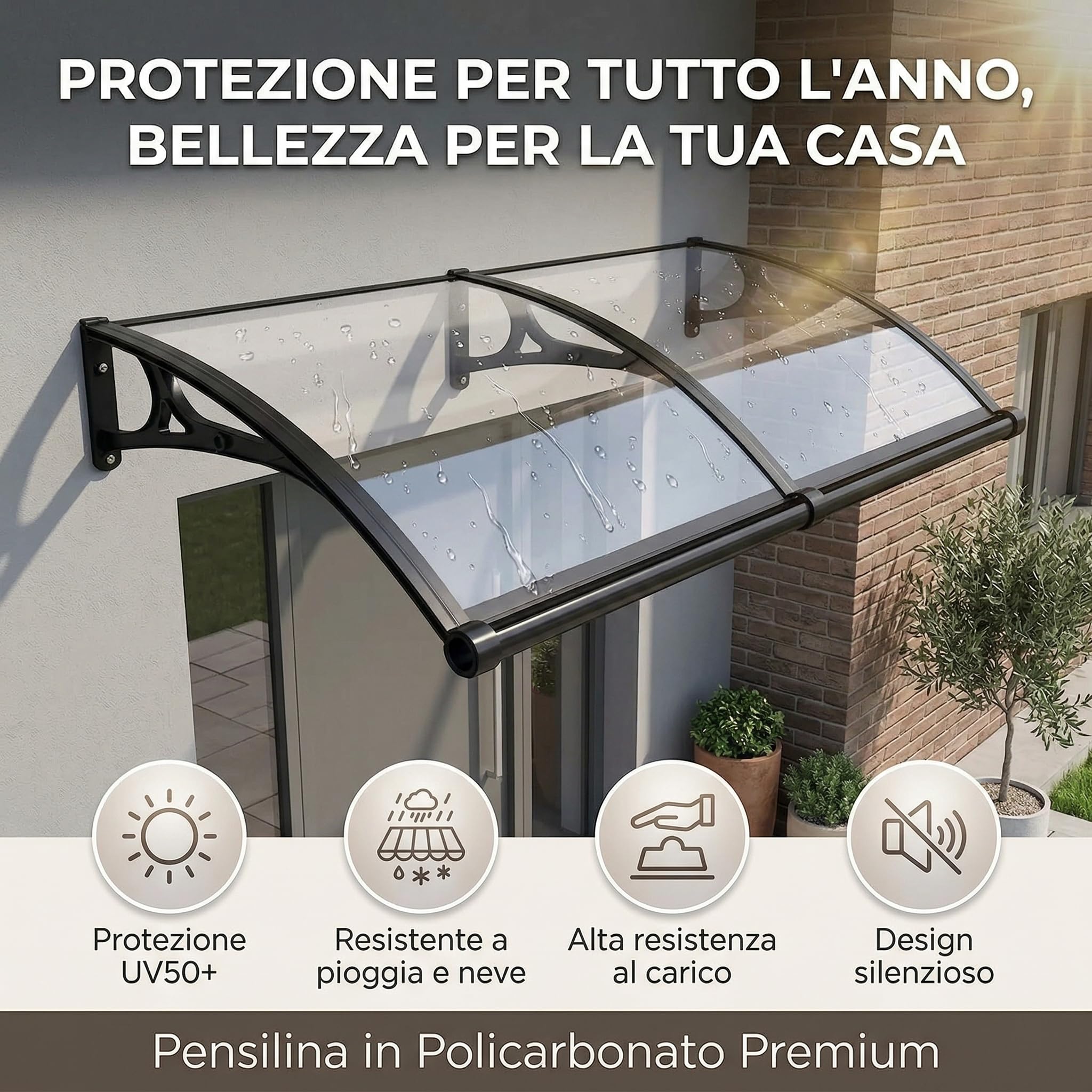 120x200cm pensilina da esterno【ERRTSDB tettoia, Grigio Argento+Verde】Protezione UV, Pioggia, Modulare con Groove di Scarico per Porte Balcone Finestre Elegante E Resistente