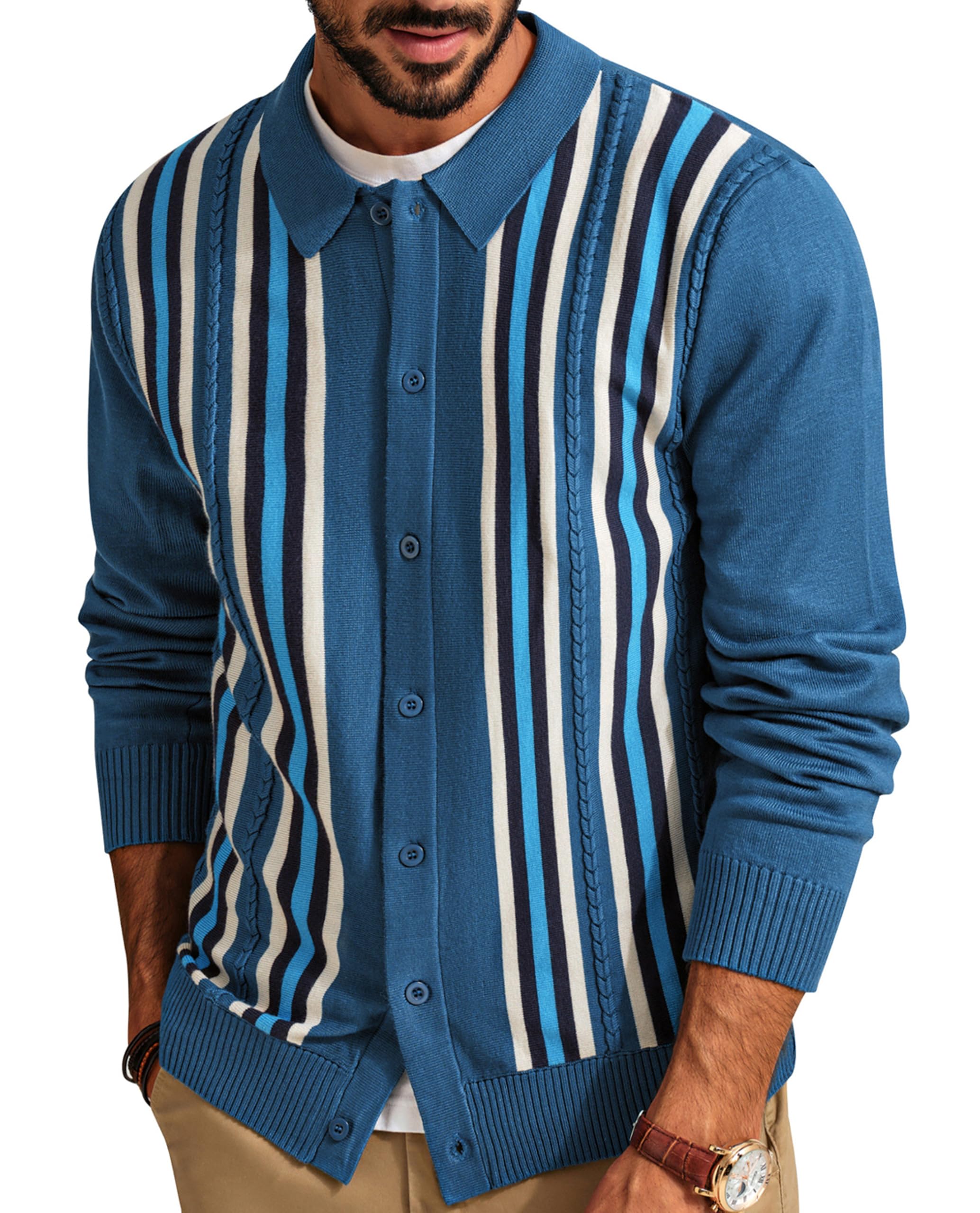 pj paul jones Mens Vintage Striped Knit Polo Shirt Long Sleeve Button Down Cardigan Sweater-picture-38