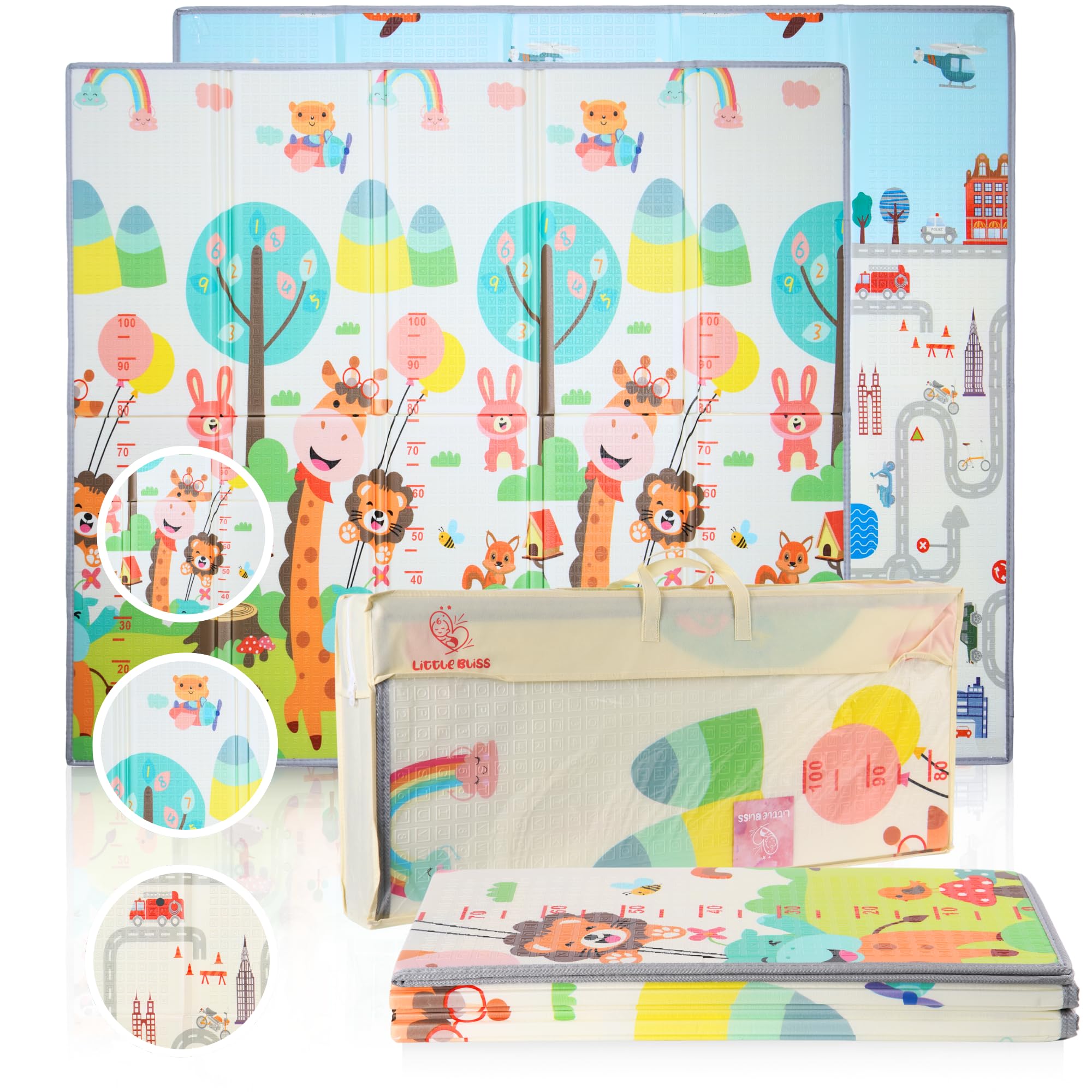LITTLE BLISS,Alfombra Bebe 200x180 cm, 1 cm Grosor, Bordes Reforzados, XPE Acolchada, Reversible y Plegable, Diseño Infantil, Antideslizante, Impermeable, Tapete de Juegos para Niños (GIRAFFE EDITION)