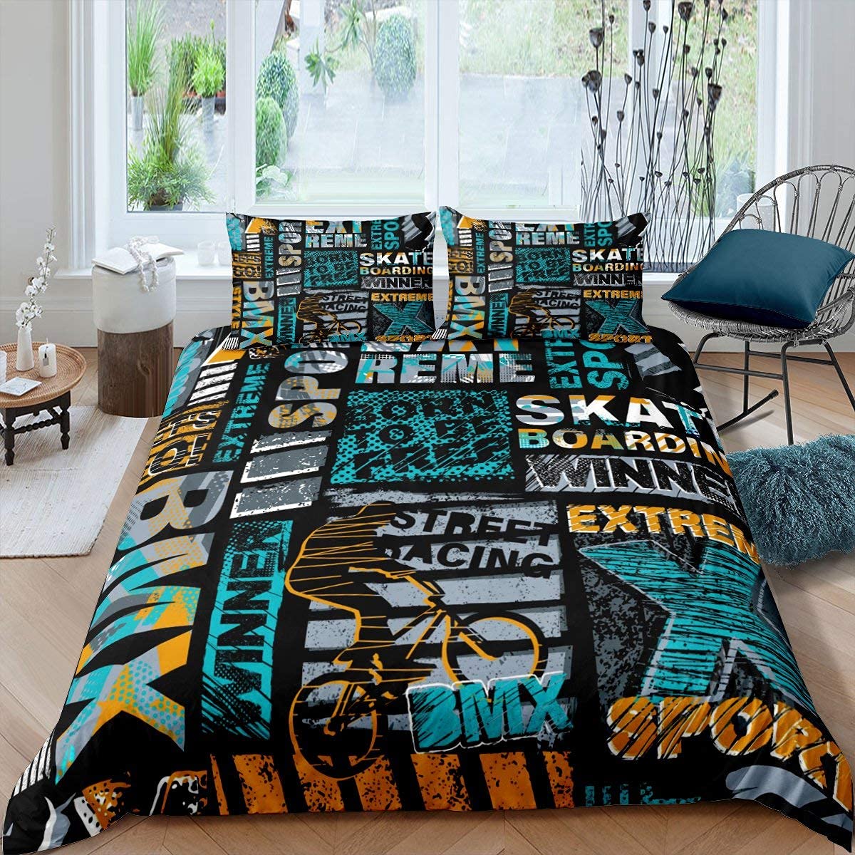 Bmx Bedding Set, Skateboard Trippy Urban Street Culture Brick Wall Grunge Gradient Graffiti Bicycle Comforter Cover