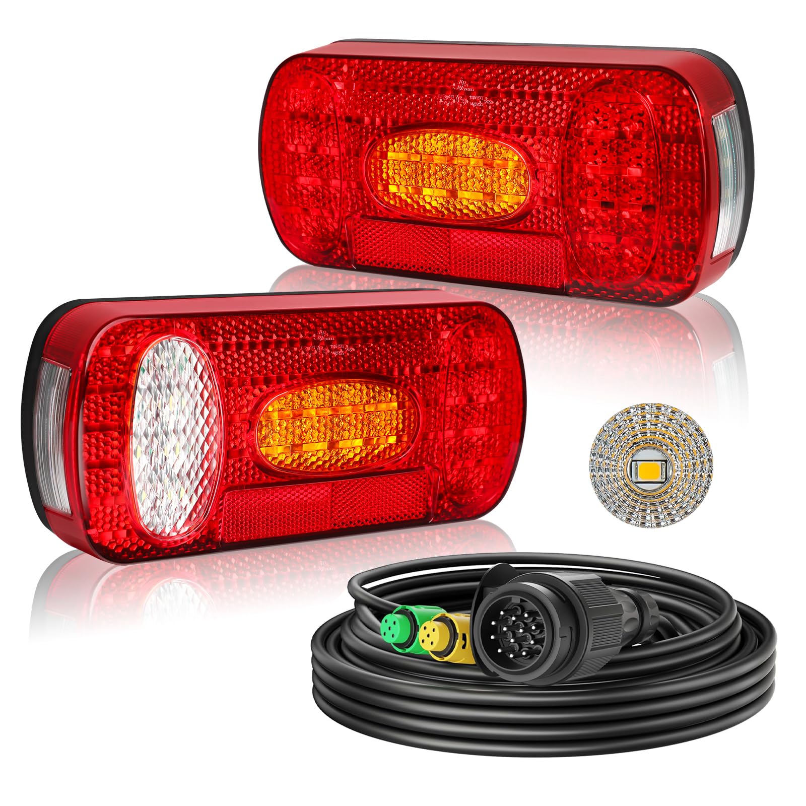 Pilotos Traseros Remolque 12V/24V 7 Funciones con Cableado 5m Enchufe de 13 Pines Luces Remolque Homologado E57 Impermeable IP67 Montaje con Tornillos para Remolque Camión Caravana