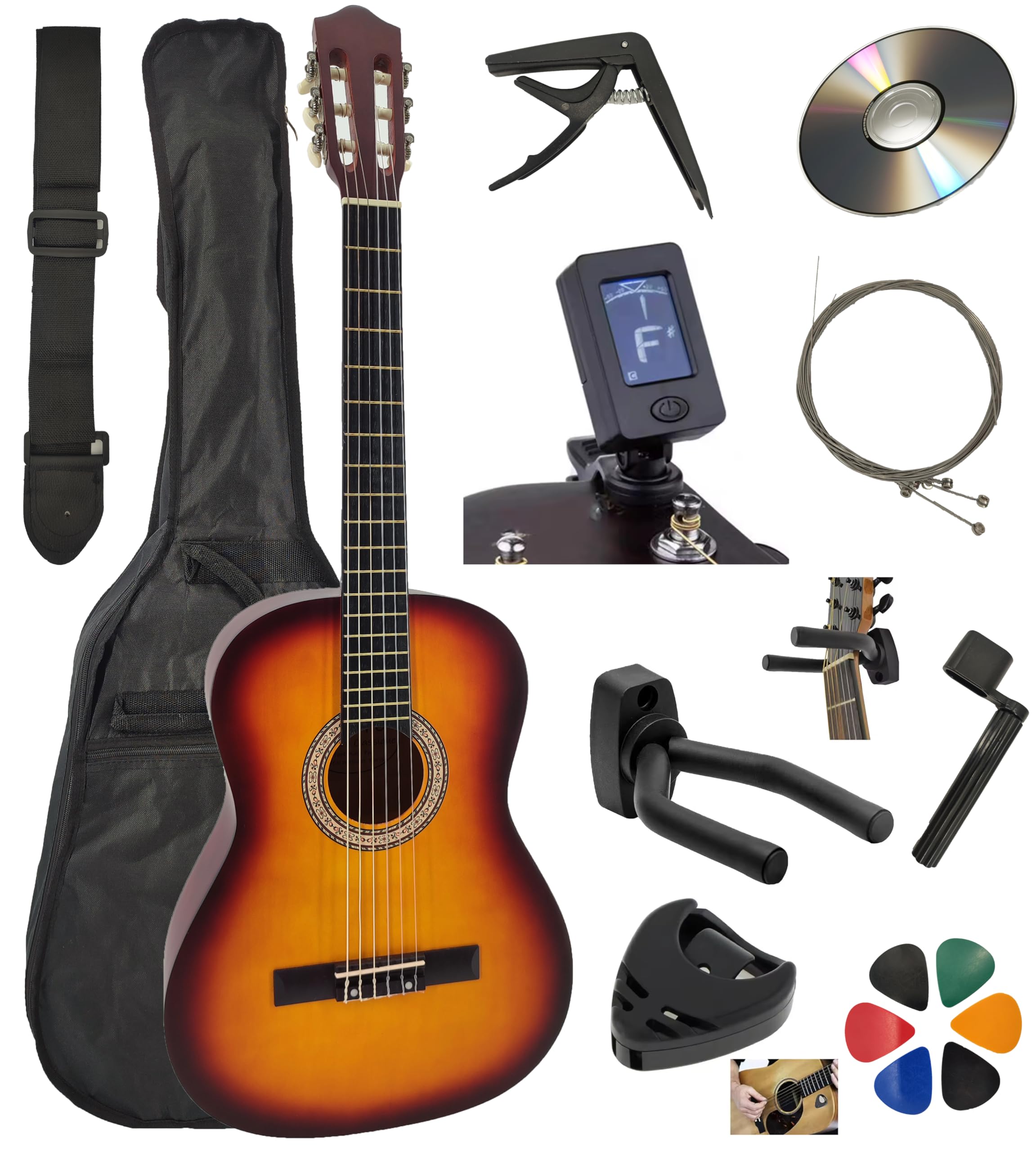 Pack Guitare Classique 3/4 (Enfant) + 10 Accessoires Cour Vidéo et CD (Sunburst)
