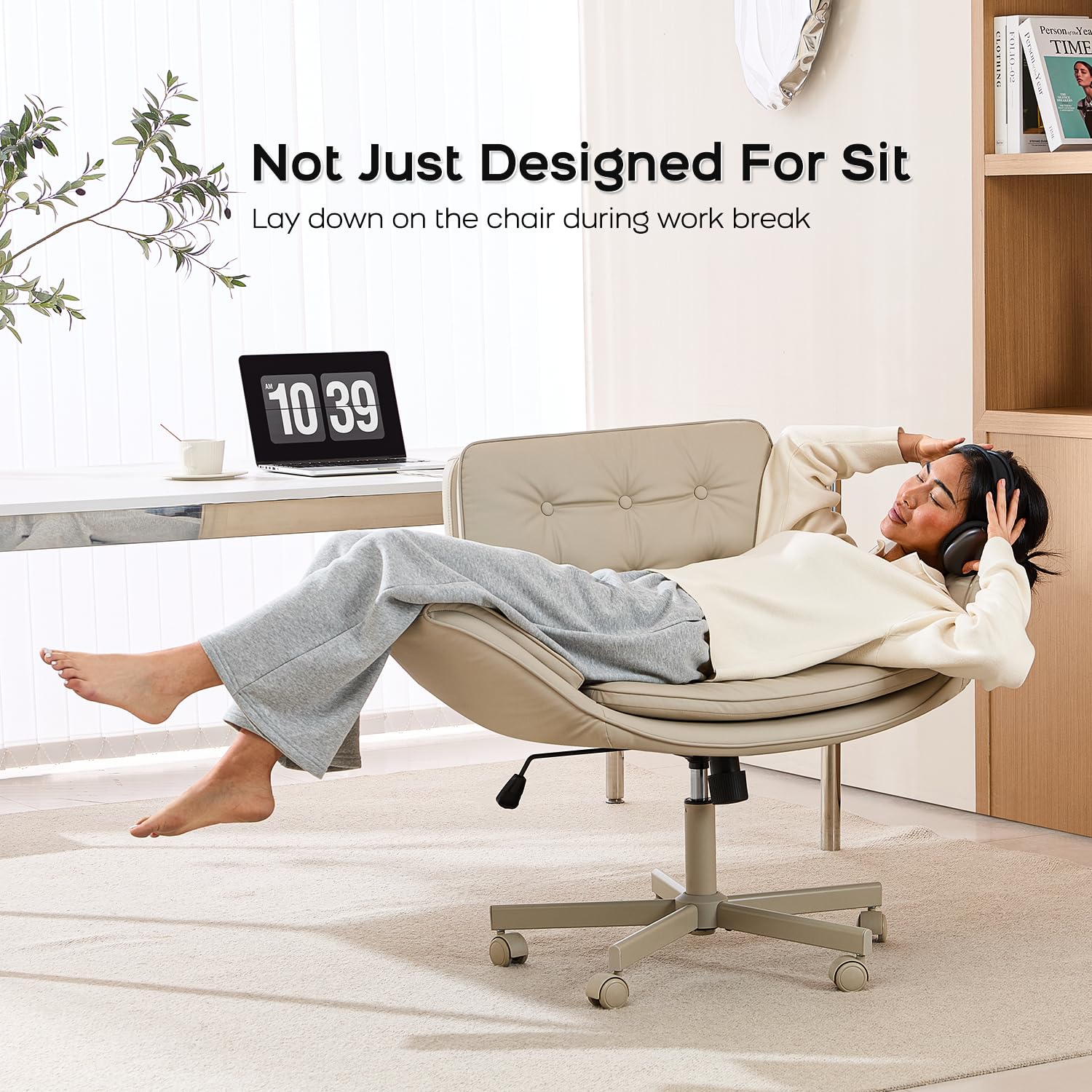 Criss Cross Chair with Armrests & Wheels, PU Leather Vanity Chair, Comfortable Adjustable Swivel Computer Office Desk Chairs for Home, Make Up, Bed Room (Cream)