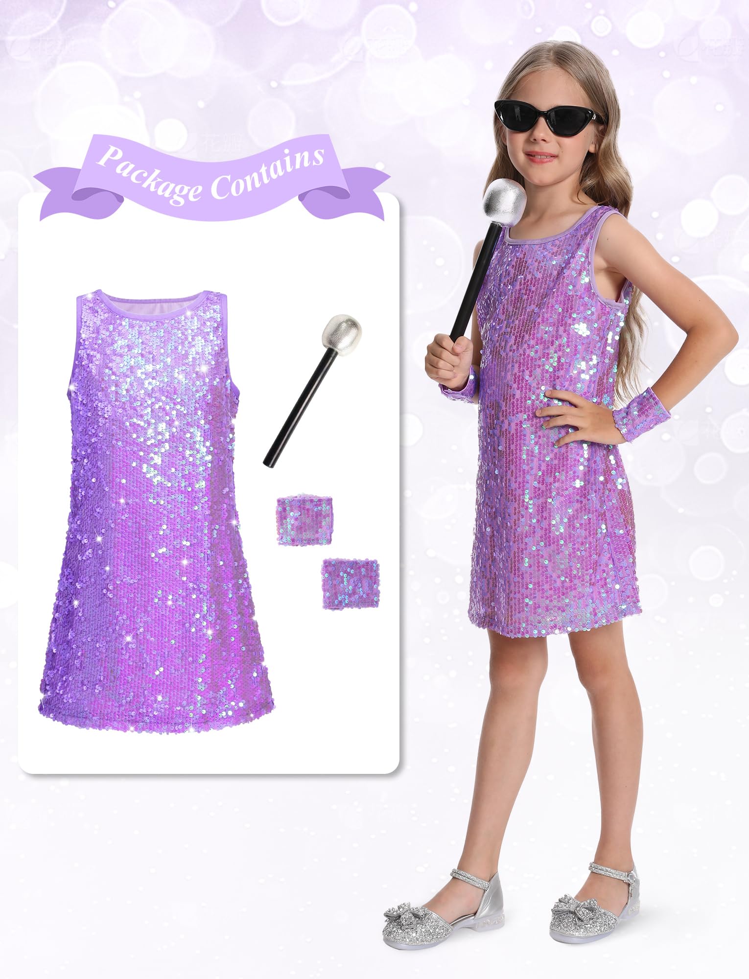 FEOYA Girls 70S Disco Prom Sleeveless Dress with Bracelets and Microphone Prop Cheerleader Sparkly Dress 1920S Stage Performance Party Outfit Holiday Cocktail Sequin Dresses Purple 12-13 Years - Image 3