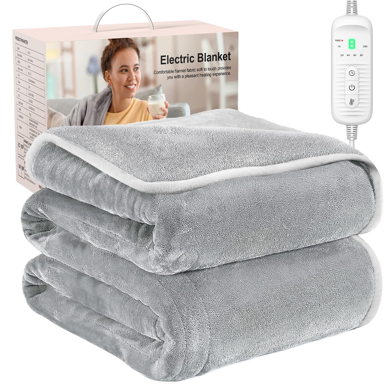Heated Blanket Electric Blanket, Soft Flannel Electric Throw, Heating Blanket with 6 Time Settings, 9 Heat Settings & 10 hrs Timer Auto Shut Off (130x160CM, Grey)